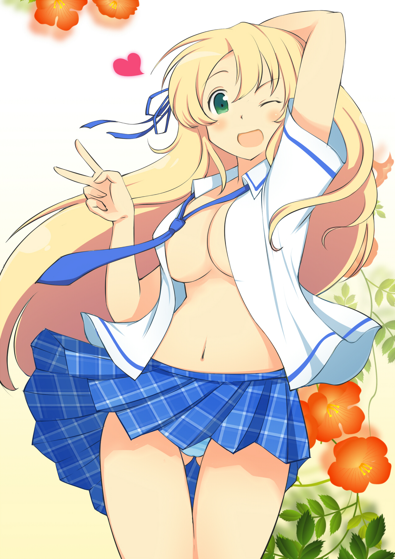 1girls, arm behind head, blonde hair, blush, breasts, cleavage, female, green eyes, hair ribbon, heart, highres, katsuragi (senran kagura), long hair, looking at viewer, loose necktie, makumaxu, navel, necktie, open clothes, open mouth, open shirt, panties, pantyshot, pleated skirt, raised arm, ribbon, school uniform, senran kagura, skirt, smile, solo, spread legs, striped, striped panties, v