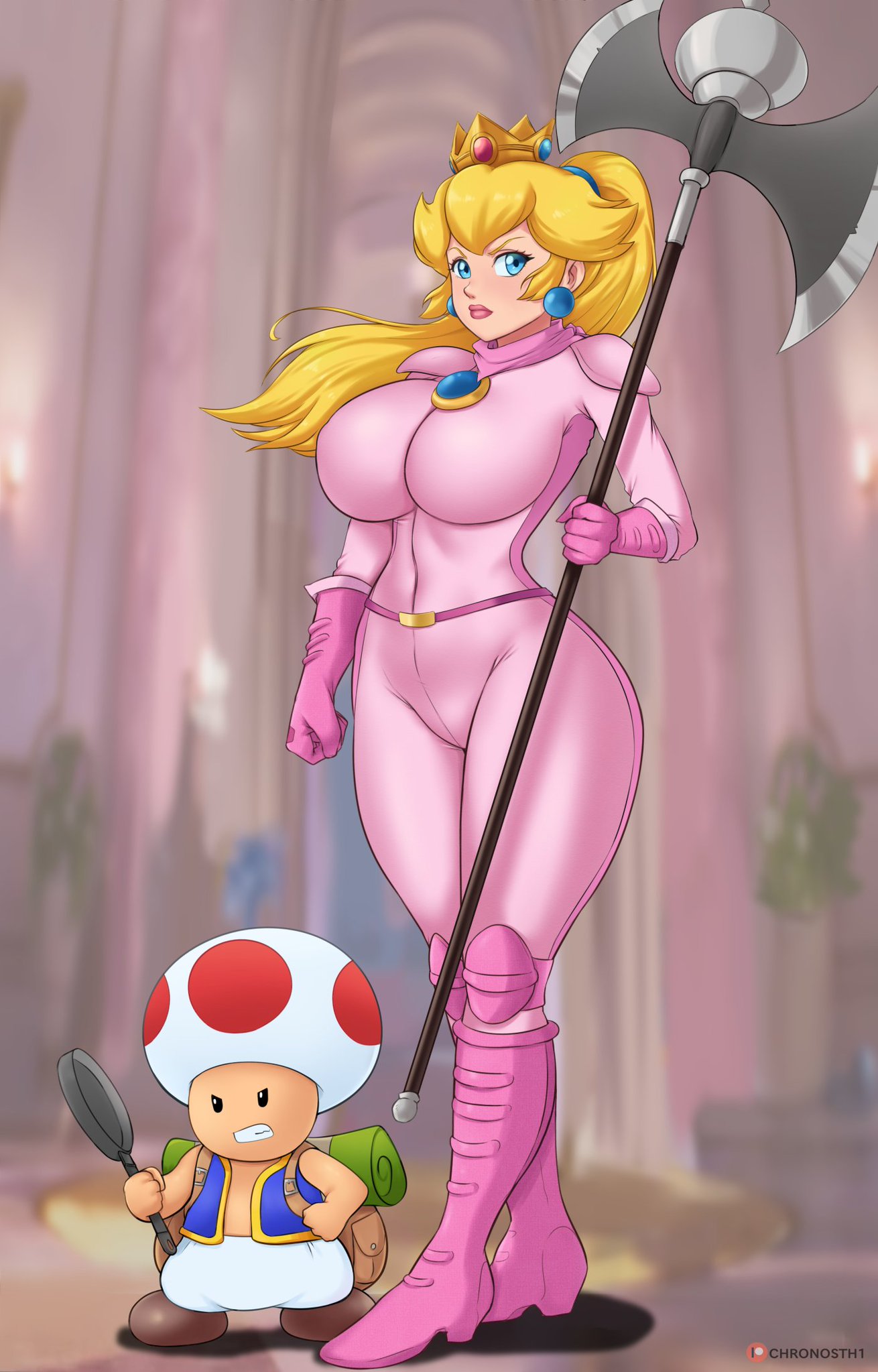 axe blonde_hair blue_eyes bodysuit breasts chronosth1 earrings gummslime light-skinned_male light_skin mario_(series) princess princess_peach super_mario_bros. super_mario_bros._(2023_film) thighs toad_(mario) voluptuous voluptuous_female weapon