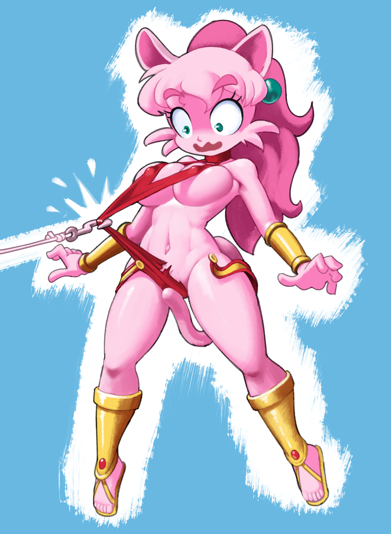 1girls, anthro, breasts, cat, feline, female, fur, furry, kemono, large breasts, long hair, mammal, meeya, minus8, nipples, pink fur, pink hair, rpg densetsu hepoi, solo, tagme, tail, thick thighs, torn clothes, wide hips