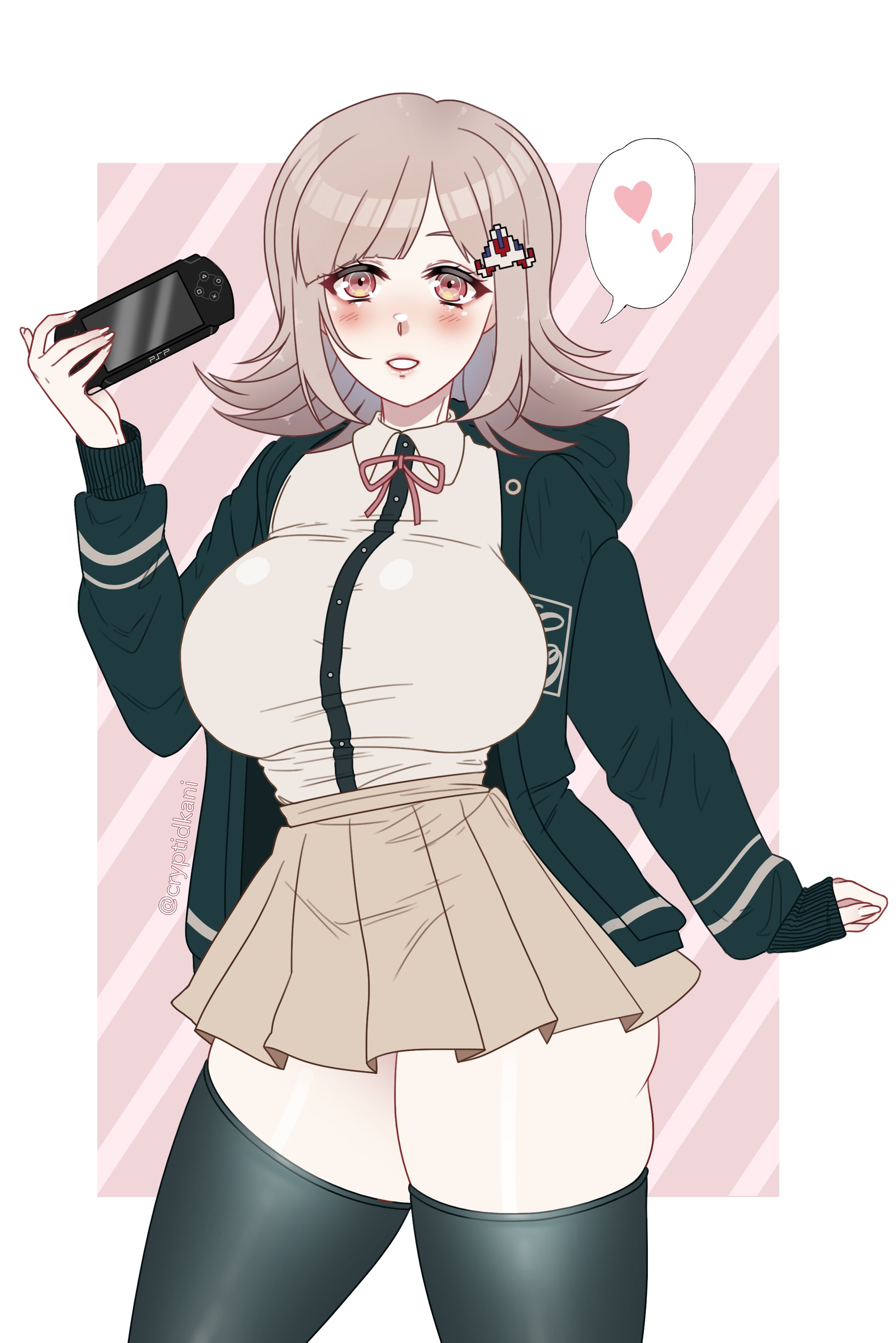 1girls, bare thighs, big breasts, blush, breasts, cryptid crab, danganronpa, danganronpa 2: goodbye despair, female, huge breasts, large breasts, looking at viewer, nanami chiaki, red eyes, short hair, skirt, smile, solo, solo female, straight hair, thick thighs, thighhighs, thighs, white background