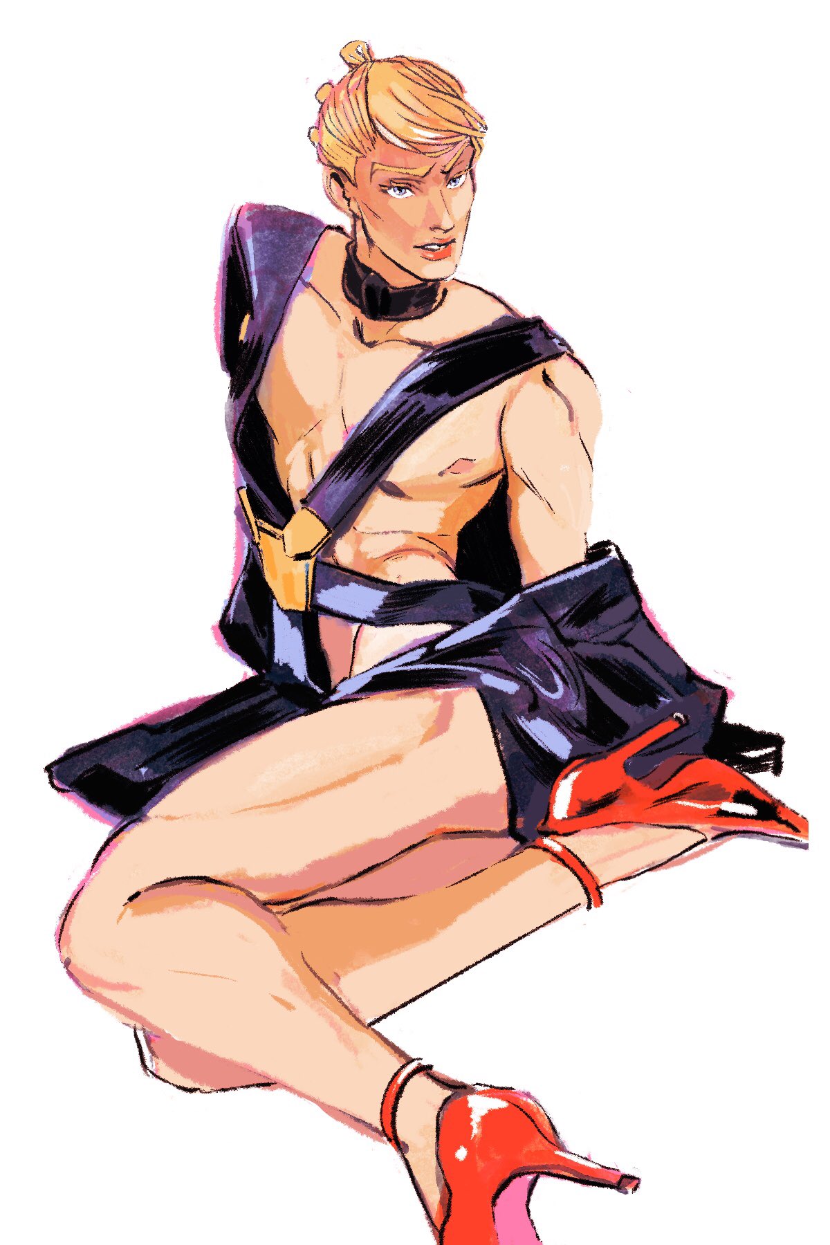 1boy choker clothing_swap collar feminine_male high_heels jojo's_bizarre_adventure looking_at_viewer male male_only mature_male milf-type_dilf partially_clothed prosciutto red_heels robobesito sitting solo_male toned toned_male vento_aureo