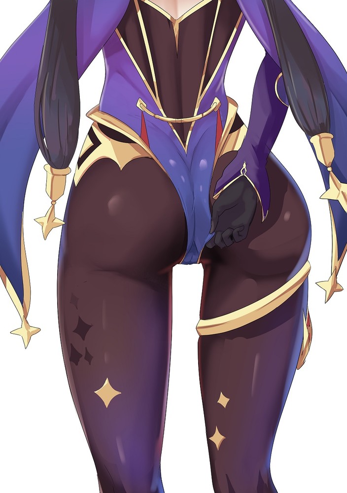 1girls, adjusting clothes, ass, evasong, female, genshin impact, hair ornament, leotard, long hair, mona (genshin impact), pantyhose, solo