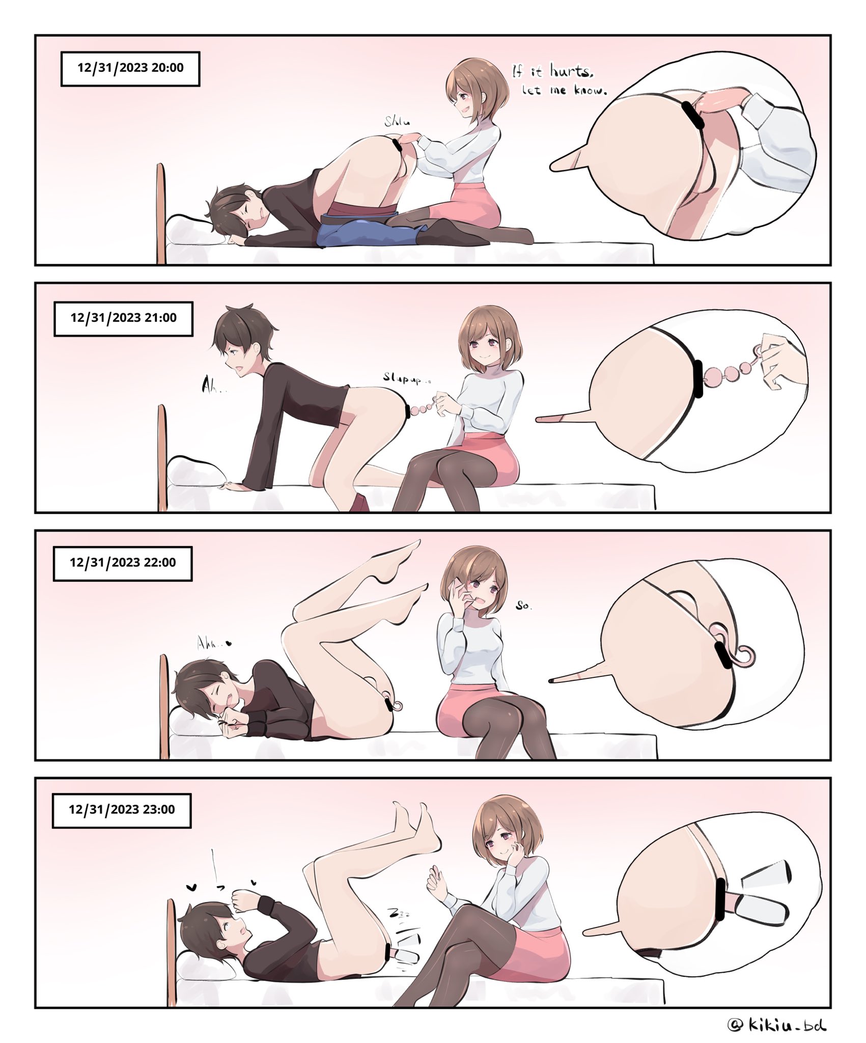 1boy, 1girls, anal beads pull, aneros, assorted sex toys, bar censor, black hair, black-haired male, bottomless, bottomless male, censor bar, censored, censored anus, comic, crossed legs, dialogue, dominant female, edging, english dialogue, english text, female, female penetrating male, femdom, fingering, fingering ass, fingering partner, gentle femdom, kikiu bd, male, malesub, on bed, open mouth, prostate stimulation, sex toy, sex toy in ass, sex toy insertion, speech bubble, straight, straight sex, submissive male, talking, talking to another, talking to partner, teasing, text, text bubble, time lapse, vibrator, vibrator in ass