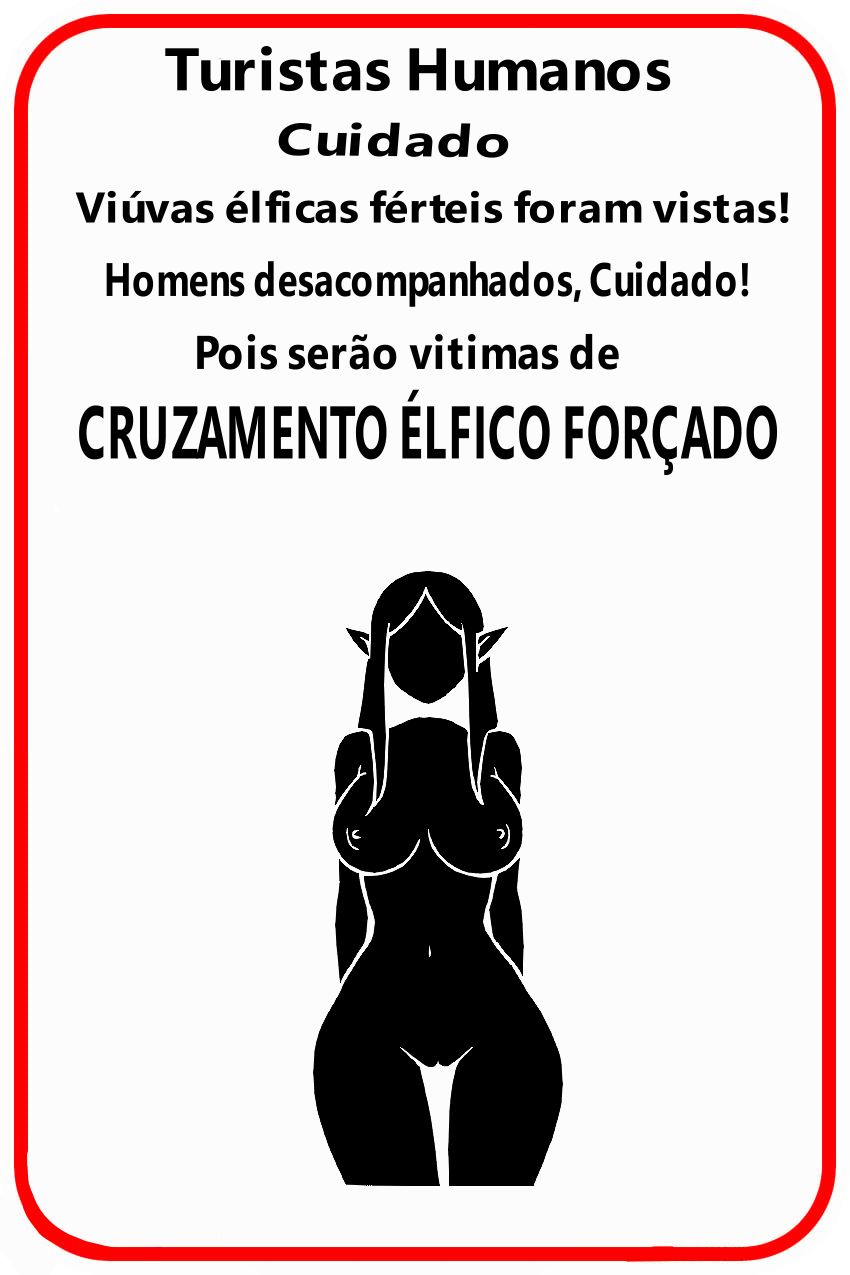1girls, acopa2, big breasts, black body, breasts, casualnsfw, crossbreeding, edited, elf, elf ears, elf female, elf girl, faceless female, fantasy, female, interspecies, krita program, large breasts, male, minimalist, minimalist background, monochrome, nipples, penis, pictogram, portuguese text, portuguese translation, public domain, self upload, straight, warning sign