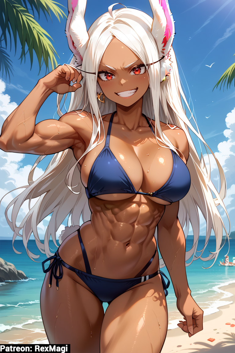 1girls abs ai_generated beach big_breasts bikini black_skin blue_bikini boku_no_hero_academia breasts bunny_ears bunny_girl dark-skinned_female dark_skin female large_breasts long_eyelashes long_hair looking_at_viewer miruko muscular muscular_female my_hero_academia perfect_body pose red_eyes smirk smirking smirking_at_viewer white_hair