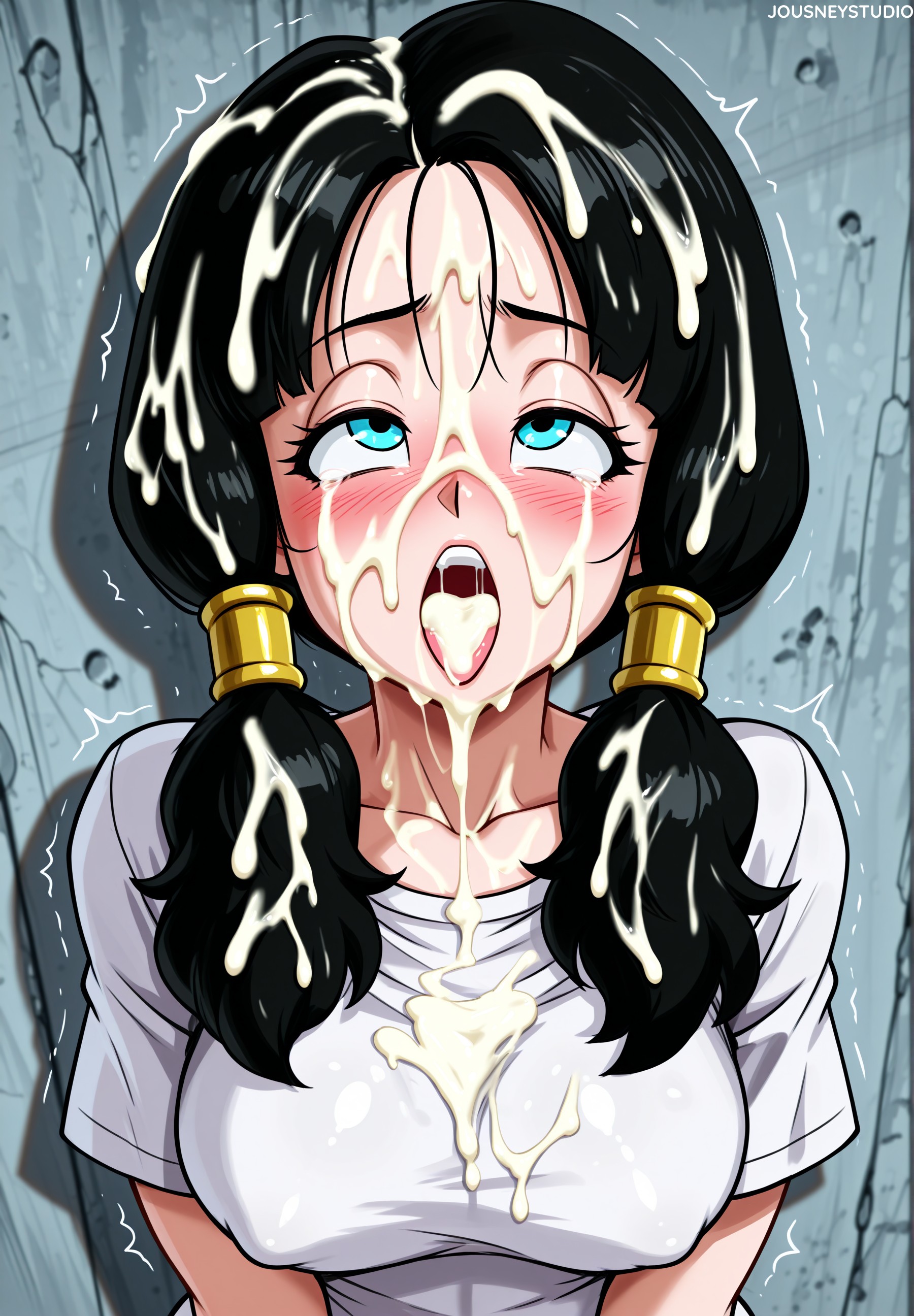 after fellatio, ahe gao, ai generated, artist name, bangs, black hair, blue eyes, blush, breasts, bukkake, clothing, collarbone, covered nipples, cum, cum in mouth, cum on body, cum on breasts, cum on clothes, cum on hair, cum on tongue, dragon ball, dragon ball super, dragon ball z, excessive cum, facial, female, jousneystudio, large breasts, long hair, looking up, low twintails, medium breasts, open mouth, patreon username, rolling eyes, saliva, semen, semen on body, semen on breasts, semen on chest, semen on upper body, shirt, short sleeves, solo, t-shirt, tears, teeth, tongue, tongue out, trembling, twintails, upper body, upper teeth only, videl, videl (dragon ball super), web address, white shirt