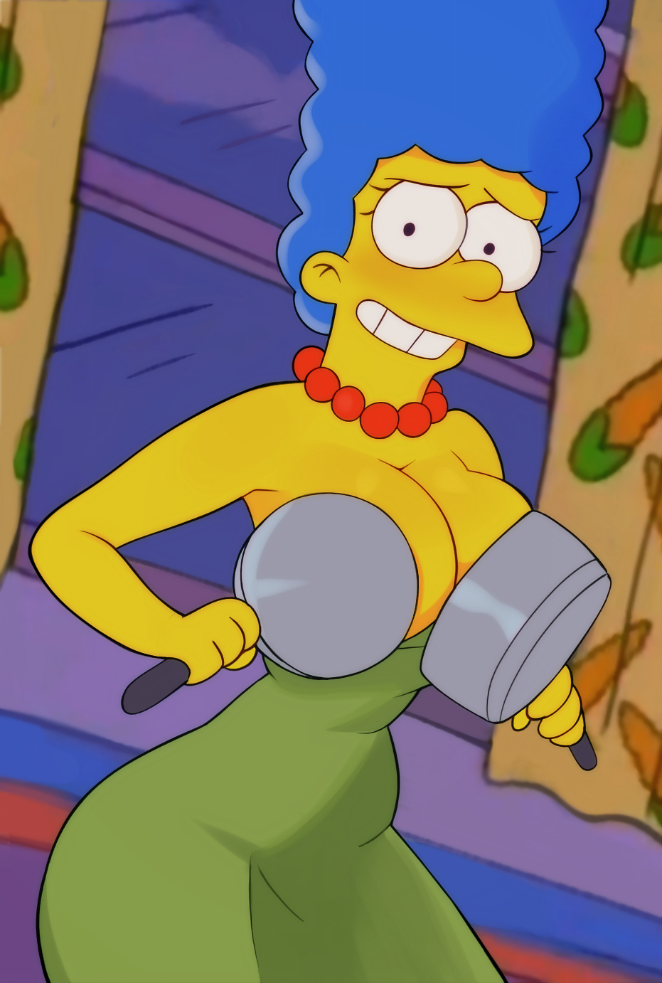 afro black_eyes blue_hair breasts cleavage clothing colored_skin covering_breasts cup dress embarrassed female female_only green_dress grin holding holding_cup huge_breasts jewelry large_breasts looking_at_viewer marge_simpson mug necklace newguy1091 no_bra pan pearl_necklace pot smile solo strapless teeth the_simpsons thighs topless yellow_skin