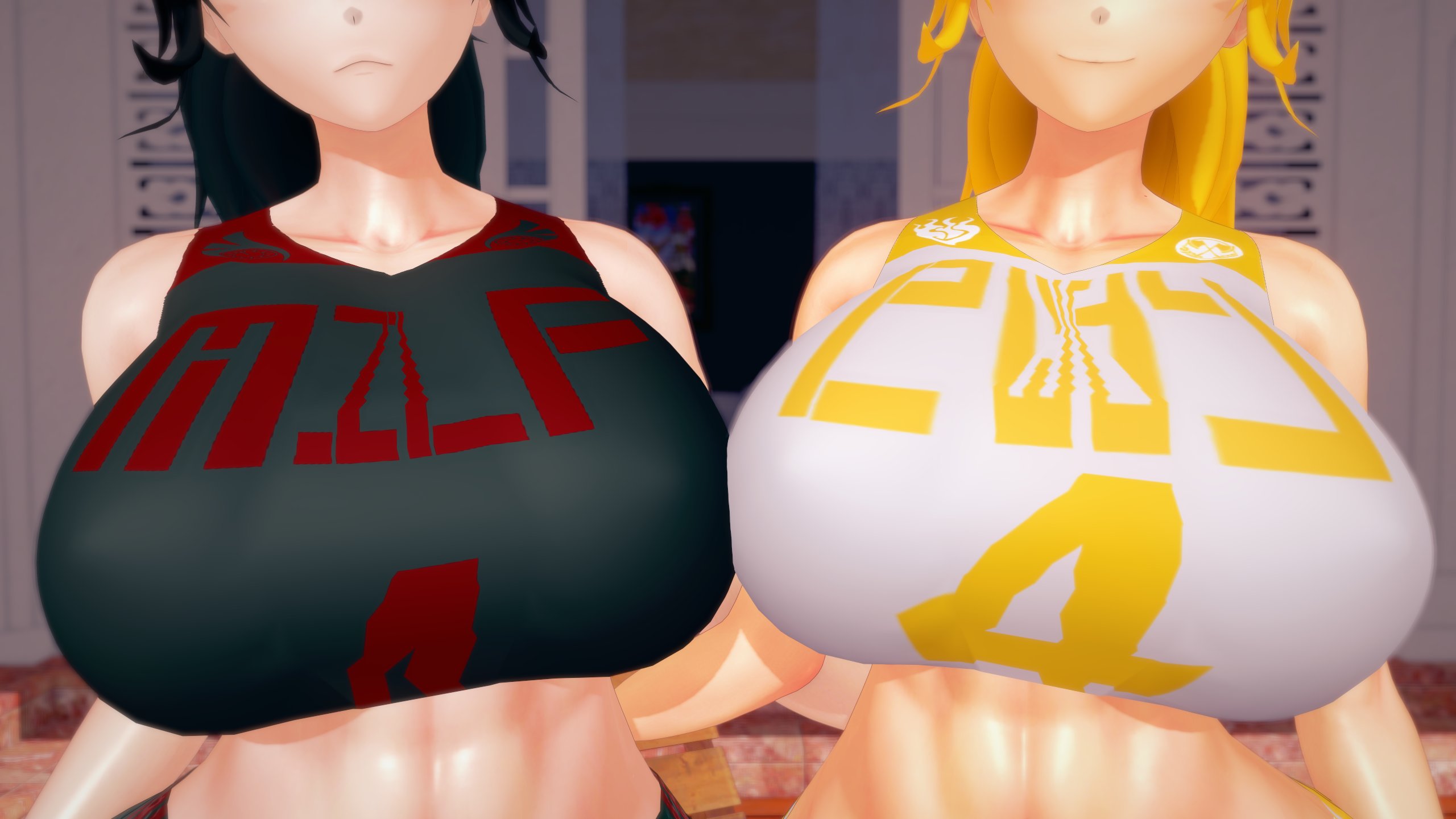 2girls, 3d, abs, big breasts, black hair, black hair female, blonde female, blonde hair, breasts, clothed female, female, female only, gym clothes, gym shirt, long hair, long hair female, morepolygons11, ponytail, raven branwen, rwby, yang xiao long