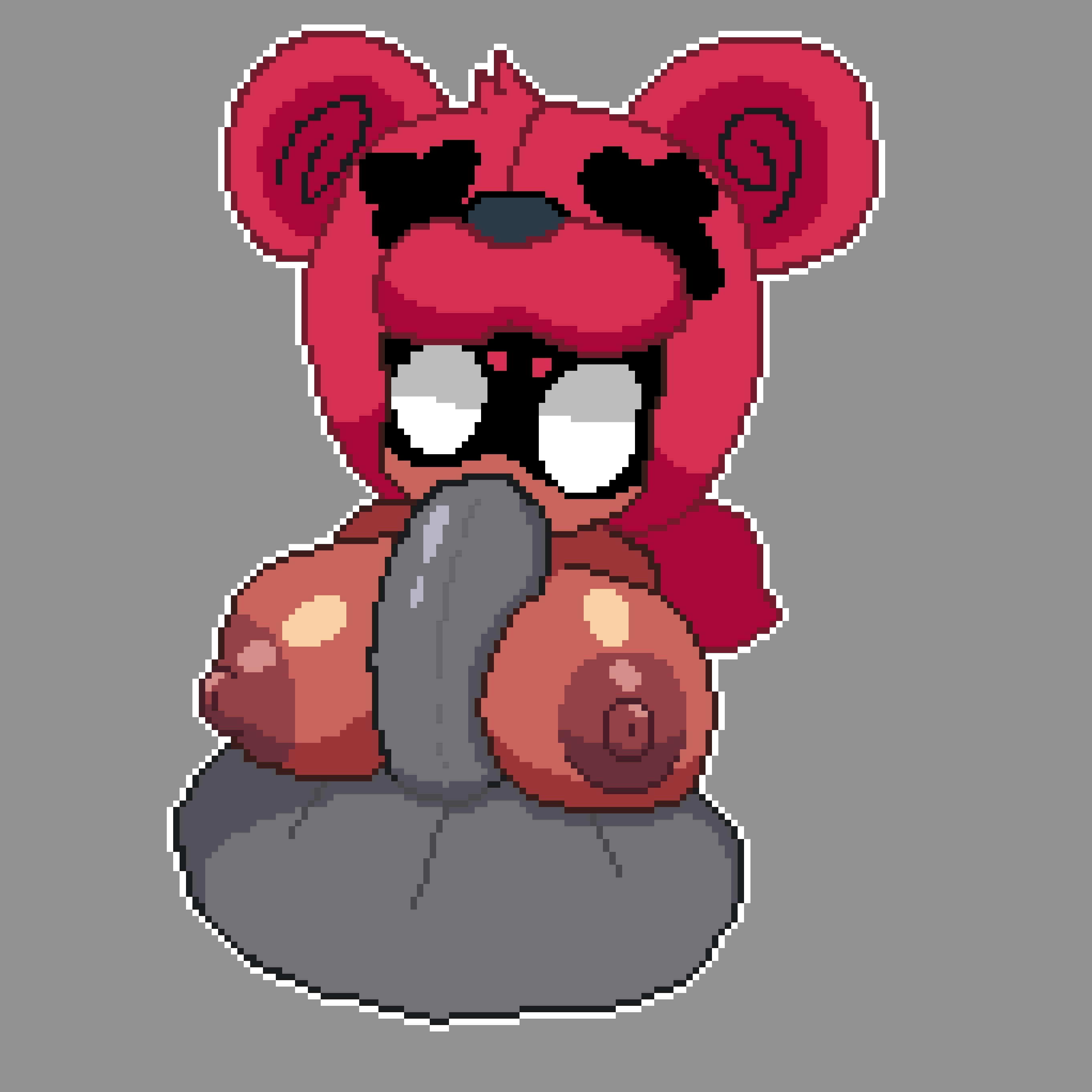 1boy, 1girls, aged up, big breasts, blowjob, brawl stars, breasts, female, hat, male, nipples, nita (brawl stars), penis, pixel art, pumpkinz6, simple background, sucking penis, white eyes