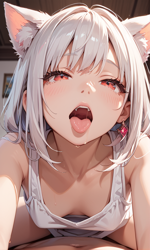 ai_generated bedroom_eyes blush cat_ears catgirl cowgirl_position down_blouse downblouse drooling ember_paradox female female looking_at_viewer male_pov open_mouth pov red_eyes saliva self_upload small_breasts solo solo_female solo_focus tank_top tongue_out virtual_youtuber vtuber vtuberfanart white_hair