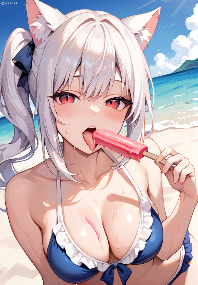 ai_generated beach bikini bikini_bottom bikini_top blush cat_ears catgirl dripping_ice_cream ember_paradox female food_on_breasts frilled_bikini frills ice_cream large_breasts licking licking_ice_cream licking_popsicle looking_at_viewer open_mouth ponytail popsicle red_eyes self_upload side_ponytail solo solo_female suggestive_food suggestive_pose sweat tongue_out virtual_youtuber vtuber vtuberfanart white_hair