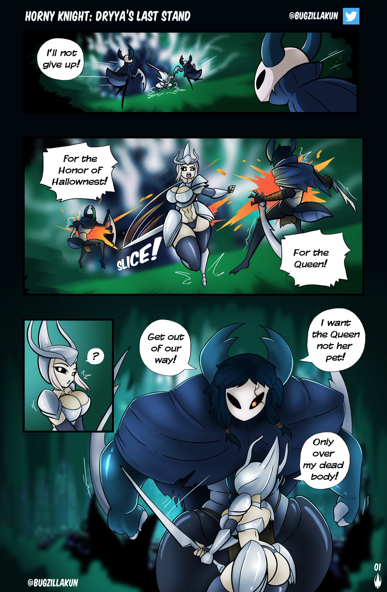 bugzilla, corruption, dryya (hollow knight), female, hollow knight, male, mantis, text, the infection (hollow knight), traitor lord