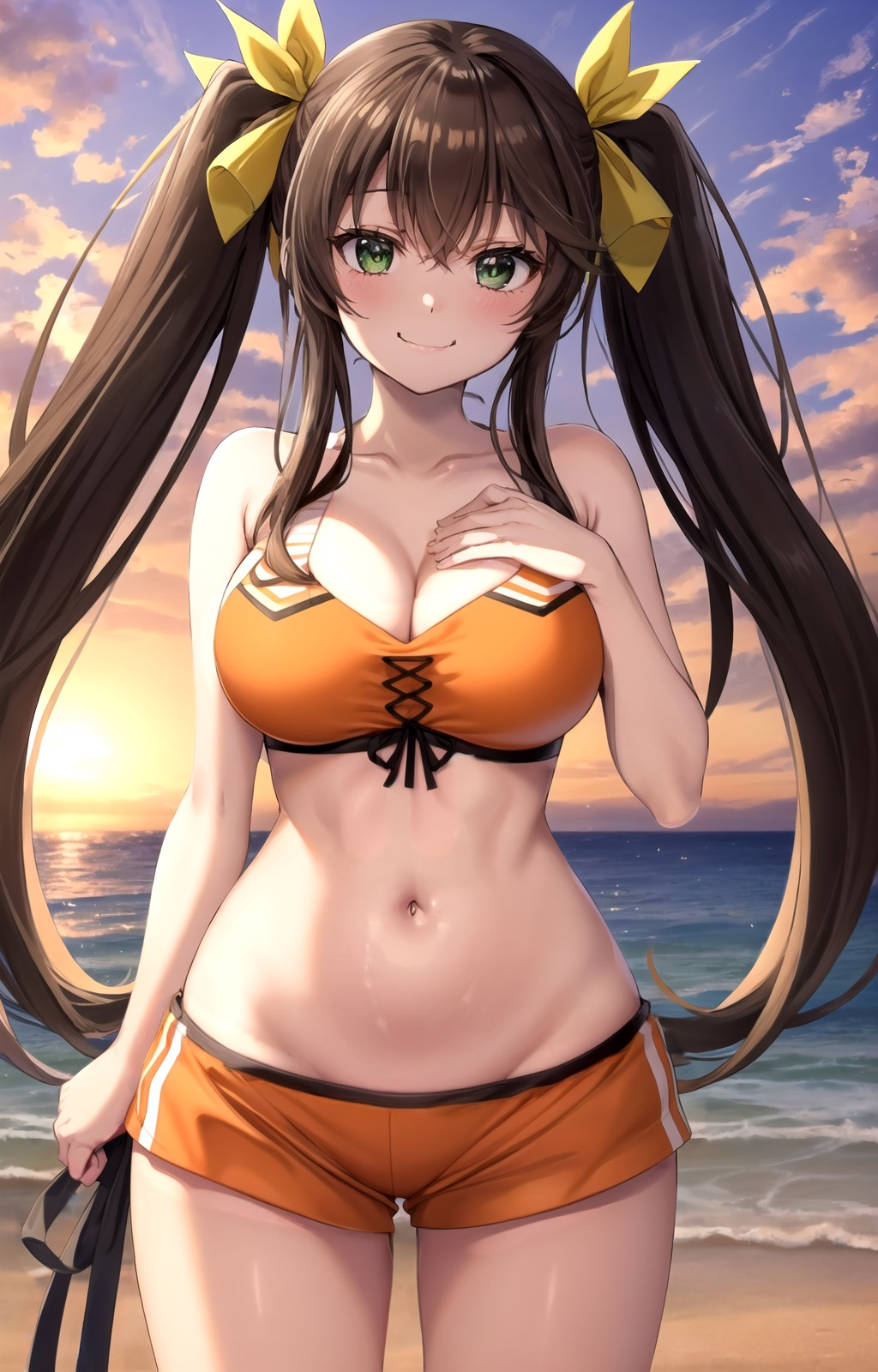 ai_generated bare_arms bare_shoulders beach bikini bikini_shorts blush breasts brown_hair cleavage closed_mouth cloud collarbone cowboy_shot dolphin_shorts female green_eyes groin hair_ribbon hand_on_own_chest hand_up huang_lingyin infinite_stratos large_breasts long_hair looking_at_viewer midriff navel ocean orange_bikini orange_shorts outdoors pixiv rena_aikawa_(pixiv_user) ribbon short_shorts shorts sidelocks sky smile solo stable_diffusion standing stomach sunset swimsuit tagme thighs twintails very_long_hair water yellow_ribbon