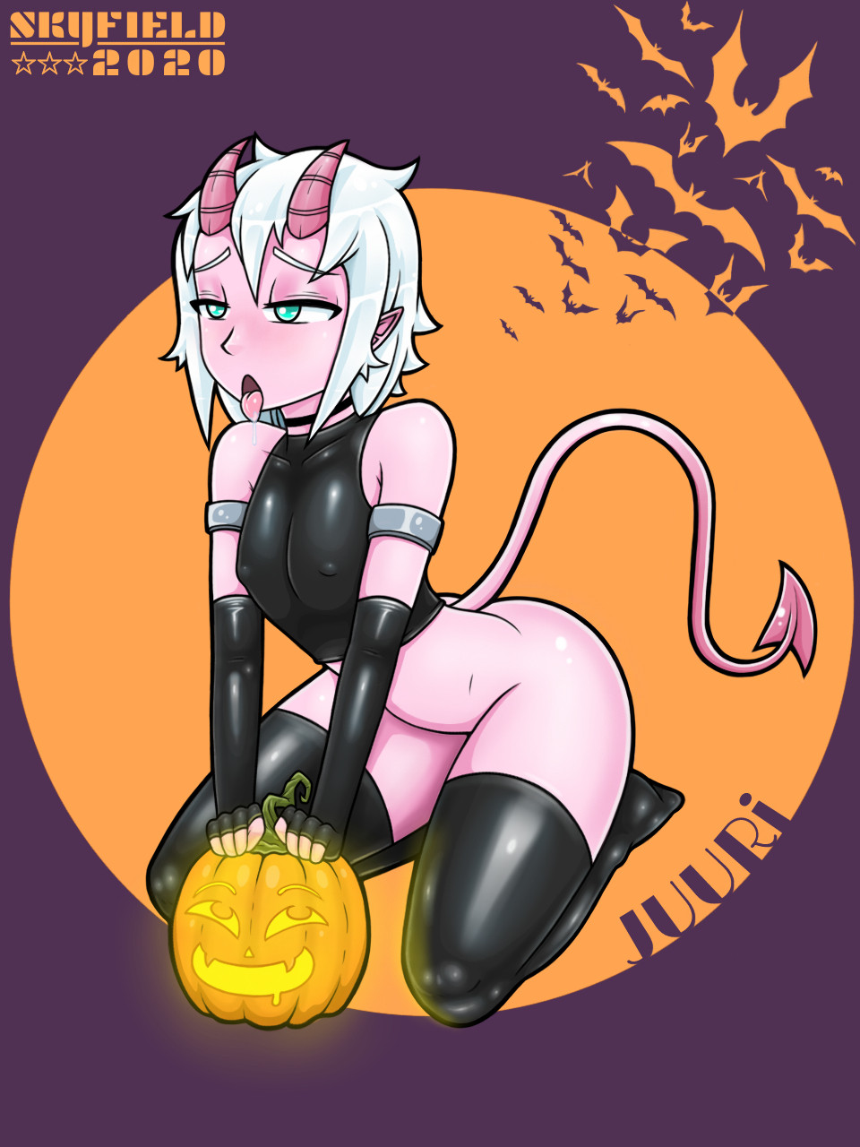 1boy 2020 ahe_gao artist_name bottomless choker demon demon_boy demon_horns demon_tail femboy green_eyes halloween juuri_(skyfield999) latex latex_armwear latex_thighhighs male male_focus male_only nipple_bulge original penis_tuck pink_skin pointy_ears skyfield999 solo solo_focus solo_male tongue tongue_out twink wariza white