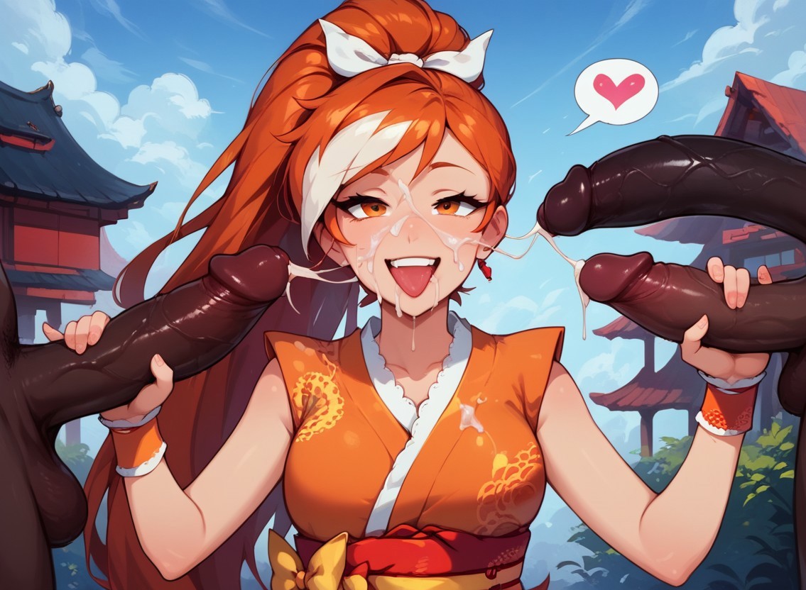 1girls ai_generated crunchyroll crunchyroll-hime cum cum_on_face dark-skinned_male ejaculation female female hairbow heart holding_penis interracial japanese_clothing kimono long_hair multiple_boys multiple_penises orange_eyes orange_hair penis ponytail ribbon sleeveless_kimono tagme tongue tongue_out white_bow