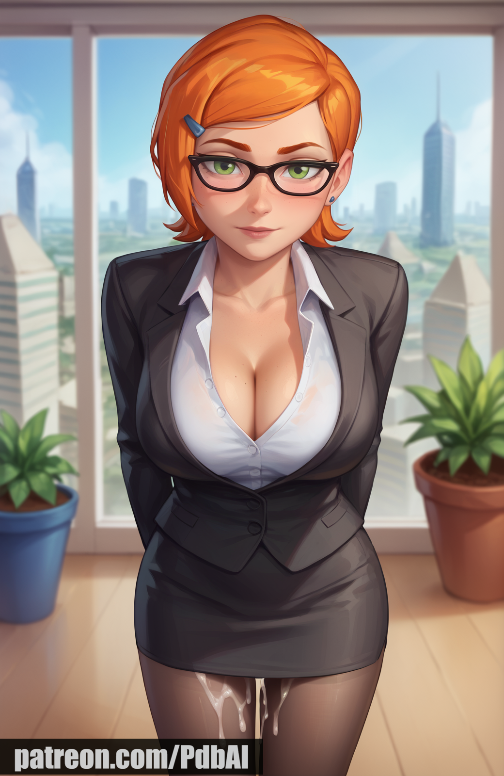 aged_up ai_generated ben_10 big_breasts cleavage cum cum_drip cum_on_lower_body gwen_tennyson large_breasts office_lady pantyhose pdbai tagme