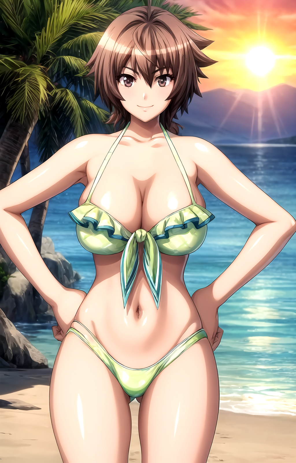 ahoge ai_generated aku_no_onna_kanbu ass_visible_through_thighs bare_shoulders beach bikini breasts brown_eyes brown_hair cleavage closed_mouth cloud collarbone cowboy_shot female frilled_bikini frills front-tie_top green_bikini hair_between_eyes hands_on_own_hips horizon juugoya_tsukimi large_breasts looking_at_viewer navel ocean outdoors palm_tree pixiv rena_aikawa_(pixiv_user) shiny_skin short_hair sky smile solo stable_diffusion standing sun sunset swimsuit tagme tree water