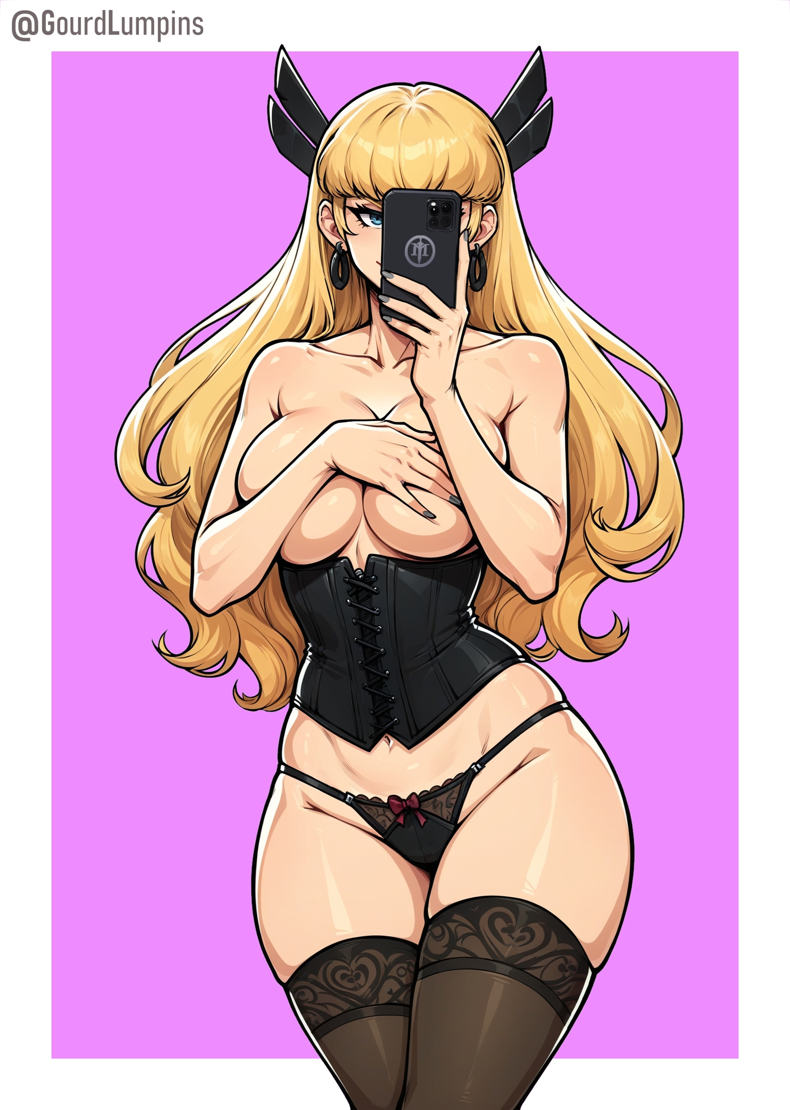 ai assisted, ai generated, blonde hair, blue eyes, breasts, corset, covering breasts, covering face, earrings, female, gourdlumpins, hair ornament, hips, jewelry, lace, large breasts, lingerie, magik (illyana rasputin), magik (marvel rivals), marvel, marvel comics, marvel rivals, nail polish, panties, selfie, simple background, stockings, thighhighs, thighs, topless, x-men