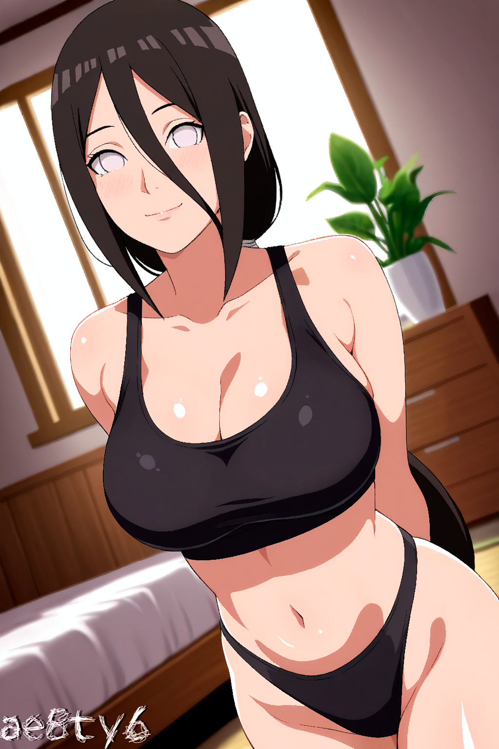 ae8ty6 ai_generated bedroom big_breasts blush boruto:_naruto_next_generations bra breasts brown_hair cleavage curvaceous curvy curvy_figure hair_between_eyes highres hyuuga_hanabi indoors light-skinned_female light_skin long_hair looking_at_viewer midriff naruto naruto_(series) panties ponytail pose posing posing_for_the_viewer smile solo underwear upper_body very_long_hair watermark white_eyes