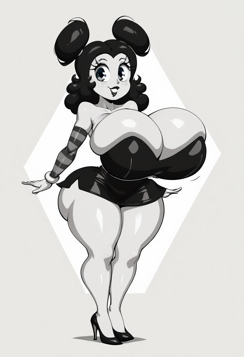 ai_generated ass big_ass big_breasts black_and_white black_eyes black_hair blush bottomless breasts bubble_butt child_bearing_hips cleavage double_bun eyebrows eyelashes female gloves hair_balls high_heels huge_ass human lipstick mickey_mouse_ears monochrome pac-man_eyes rockinranger sally_mcboing sideboob skirt sleeves thick_thighs thigh_highs