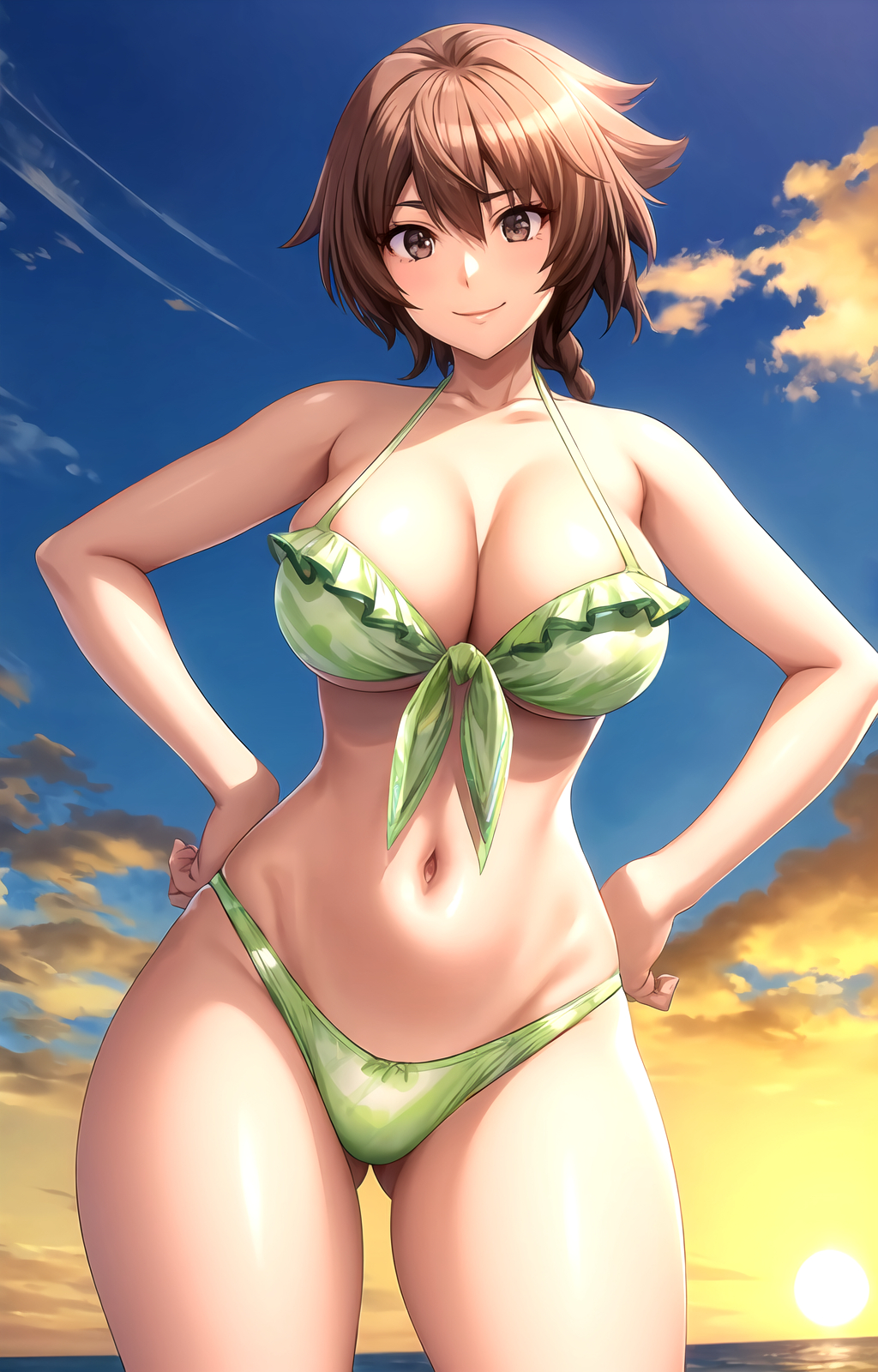 1girl ai_generated aku_no_onna_kanbu ass_visible_through_thighs bare_shoulders bikini blue_sky blush braid braided_ponytail breasts brown_eyes brown_hair cleavage closed_mouth cloud collarbone cowboy_shot female frilled_bikini frills front-tie_top green_bikini hair_between_eyes hands_on_own_hips horizon juugoya_tsukimi large_breasts long_hair looking_at_viewer navel ocean outdoors pixiv rena_aikawa_(pixiv_user) single_braid sky smile solo stable_diffusion standing stomach sunset swimsuit tagme thighs