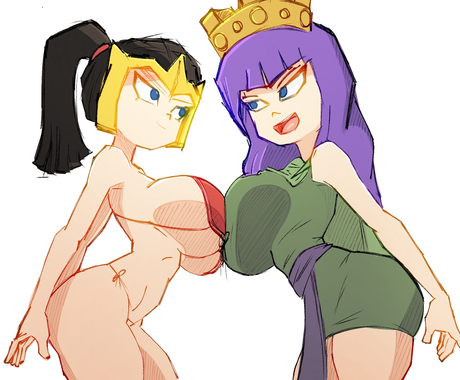 2girls, archer queen (clash of clans), black hair, breekn, brikmk, clash (series), clash royale, dress, long hair, purple hair, simple background, standing, supercell