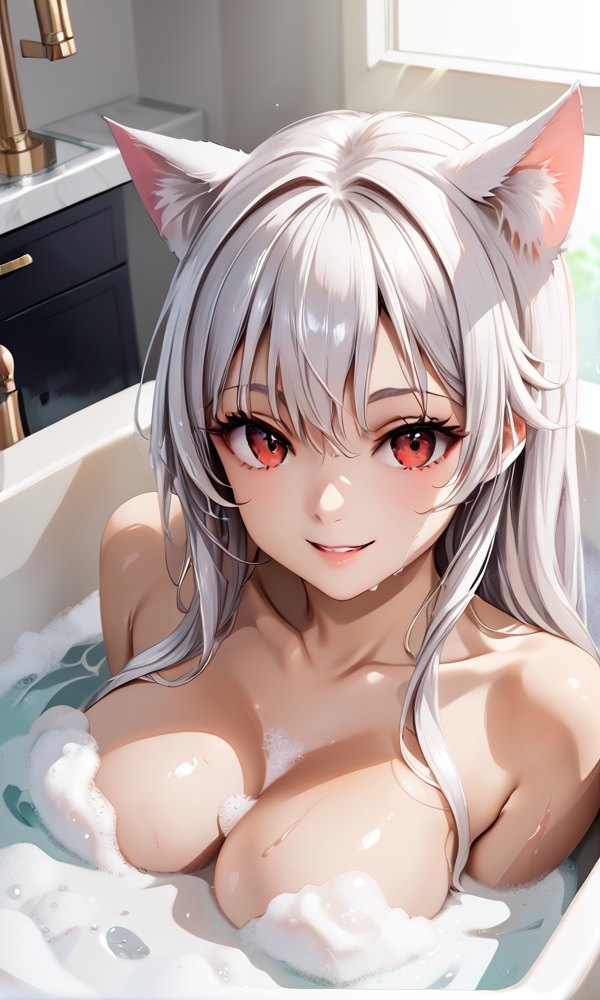 ai_generated bath bathing bathroom bathtub bubble_bath bubble_censorship bubbles cat_ears catgirl covered_nipples ember_paradox female from_above large_breasts looking_at_viewer nude red_eyes self_upload smile solo solo_female virtual_youtuber vtuber vtuberfanart water wet wet_hair wet_skin white_hair