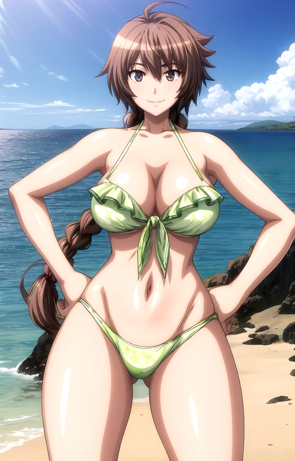 ahoge ai_generated aku_no_onna_kanbu ass_visible_through_thighs bare_shoulders beach bikini blue_sky braid braided_ponytail breasts brown_eyes brown_hair cleavage closed_mouth cloud collarbone cowboy_shot day female frilled_bikini frills front-tie_bikini_top front-tie_top green_bikini hair_between_eyes hands_on_own_hips horizon juugoya_tsukimi large_breasts long_hair looking_at_viewer navel ocean outdoors pixiv rena_aikawa_(pixiv_user) shiny_skin single_braid sky smile solo stable_diffusion standing sunlight_rays swimsuit tagme thighs water