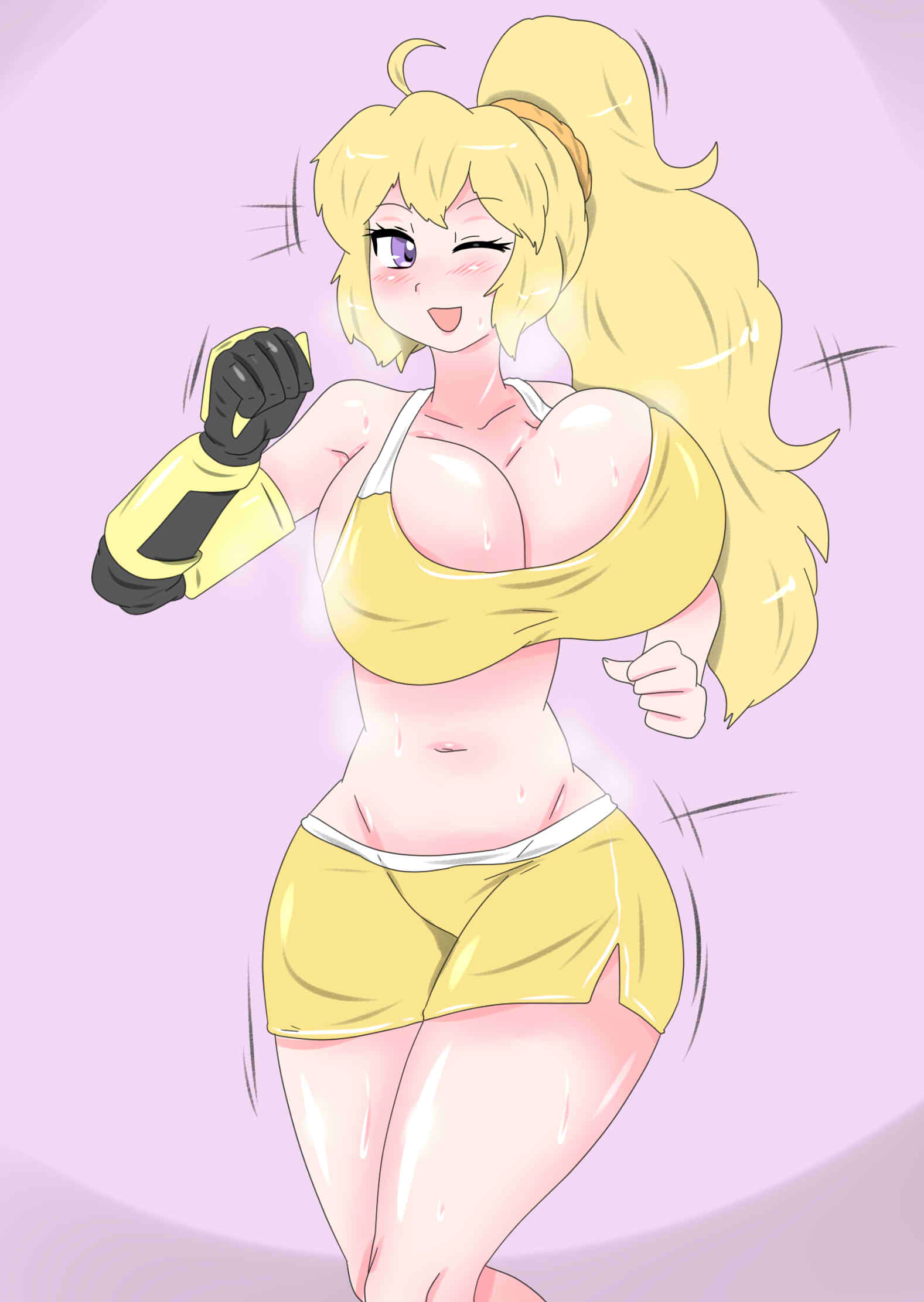 1girls big_breasts blonde_female blonde_hair breasts fjtiko gym_clothes gym_shorts gym_uniform ponytail purple_eyes robotic_arm rwby solo_female sweaty_body yang_xiao_long zronku