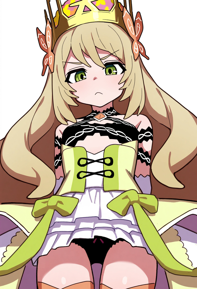 &gt;:( 1girls ai_generated annoyed bangs big_hair black_panties blonde_hair bow_panties butterfly_hair_ornament celine_(fire_emblem) crown dress fire_emblem fire_emblem_engage frown green_eyes looking_at_viewer nintendo novelai panties pantyshot pov self_upload skirt thighhighs thighs upskirt very_long_hair