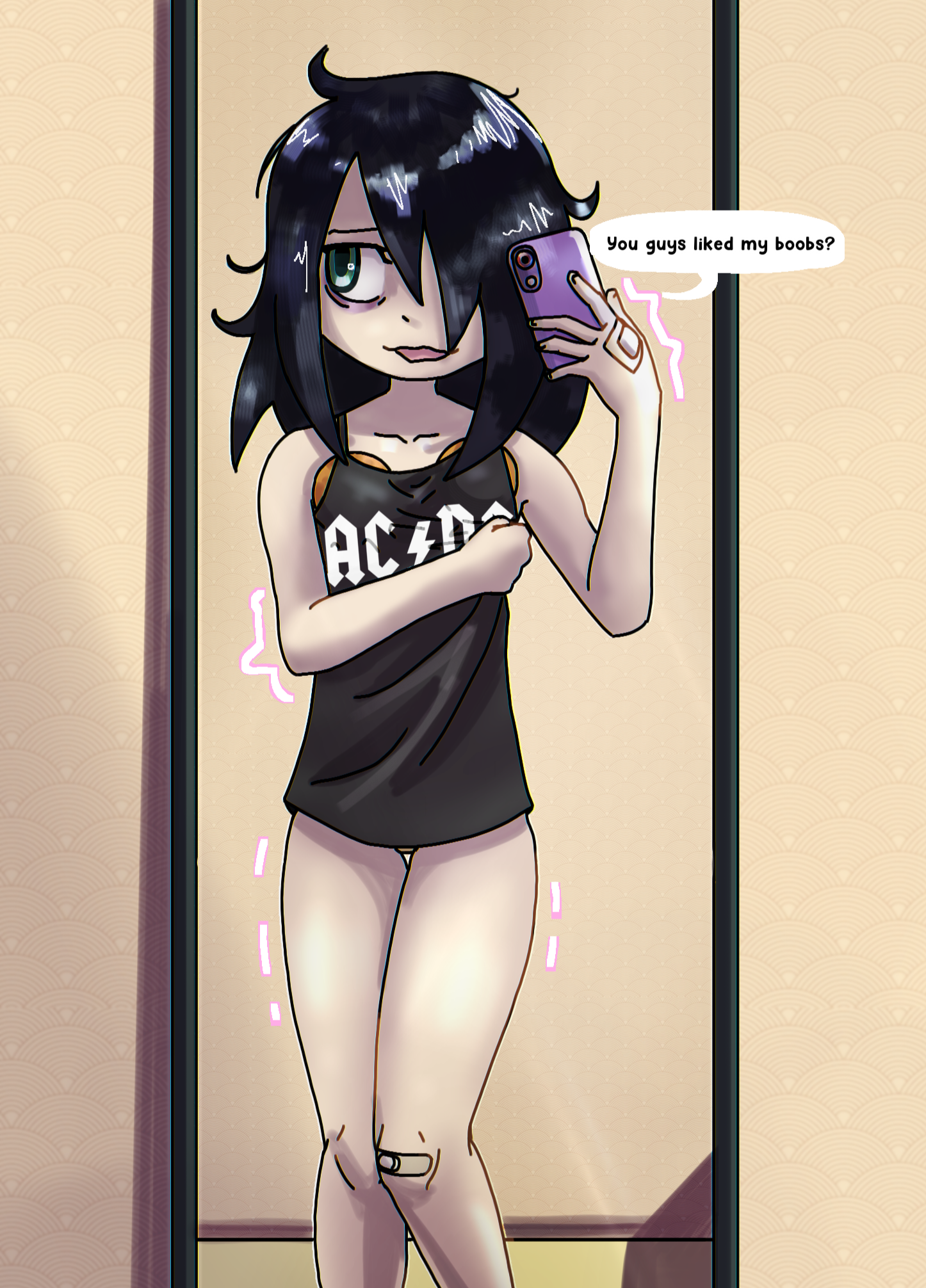 artist request, black hair, breasts, fake breasts, female, femcel, fruit, kuroki tomoko, messy hair, mirror, mirror selfie, nervous, oranges, phone, shaking, speech bubble, tagme, watashi ga motenai no wa dou kangaetemo omaera ga warui!