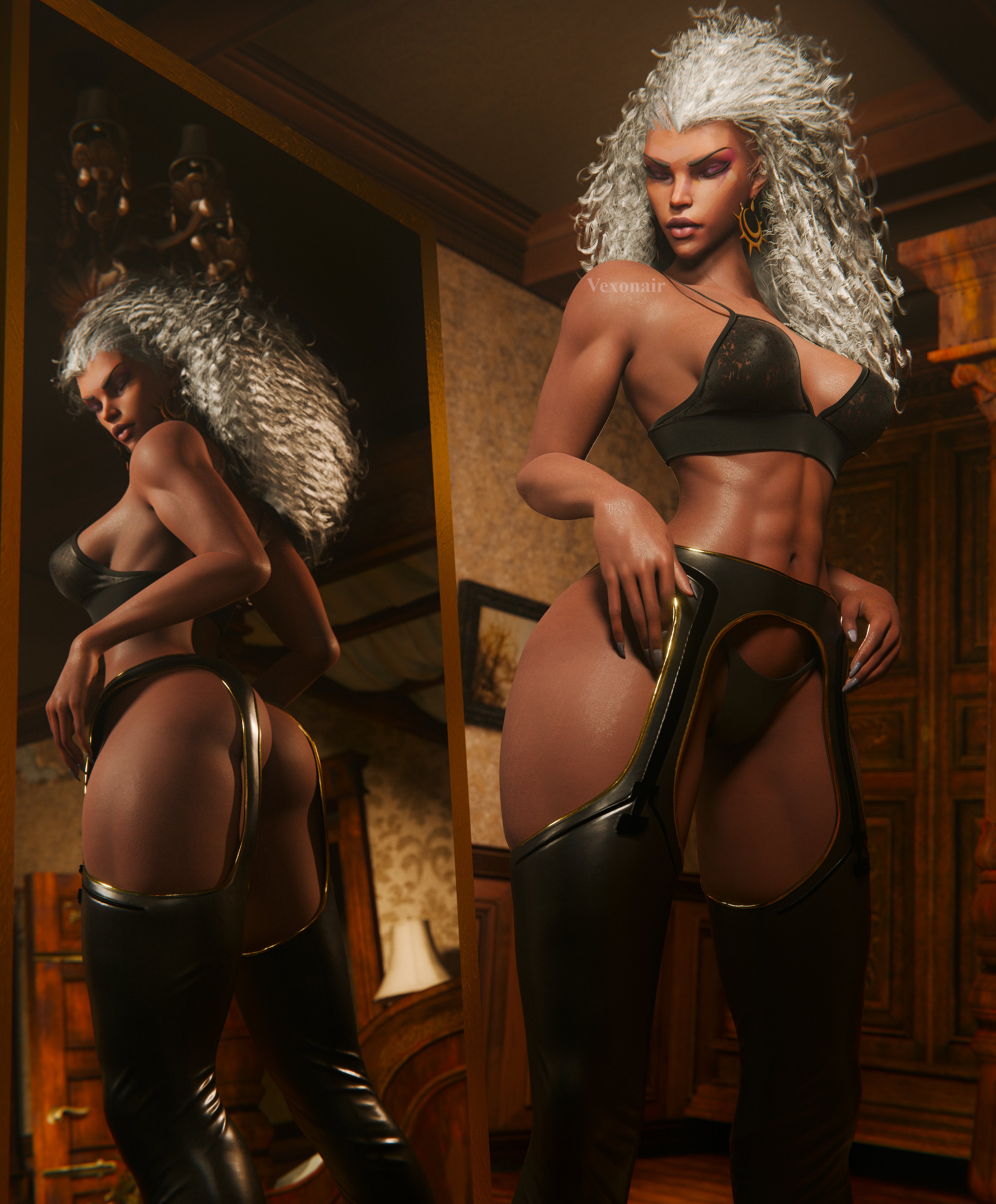1girls, 3d, african, african female, ass, big ass, black female, canonical scene, dark skin, dark-skinned female, female, female only, garter belt, garter straps, lingerie, marvel, marvel comics, marvel rivals, mirror, official alternate costume, ororo munroe, ororo spoilers, solo, storm (marvel rivals), storm (x-men), vexonair, white hair, x-men