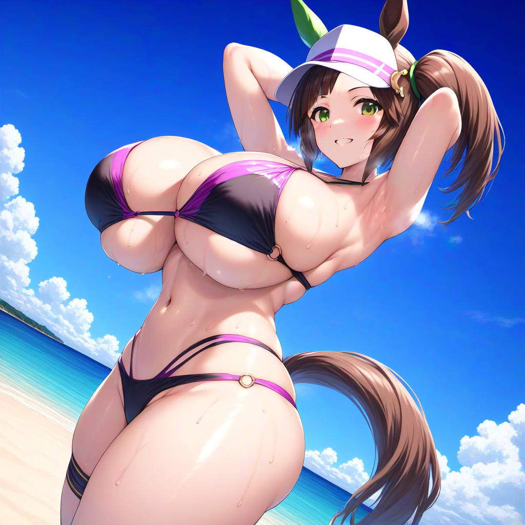 ai_generated animal_ears big_breasts breasts brown_hair cap female green_eyes horse_girl ines_fujin_(umamusume) side_ponytail umamusume umamusume_pretty_derby