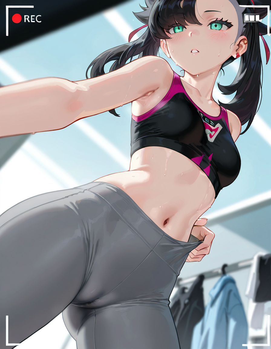 1girls ai_generated black_hair breasts cameltoe fit fit_female green_eyes gym gym_clothes locker_room low-angle_view marnie_(pokemon) midriff nintendo petite pokemon pokemon_ss recording selfie small_breasts solo sports_bra sweat twintails yoga_pants