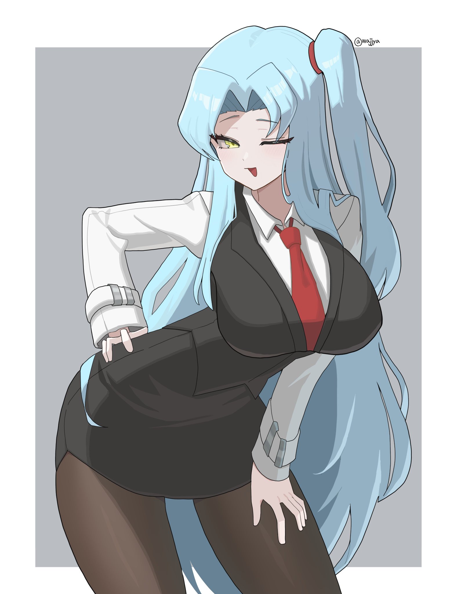 :d, :d smile, 1girls, angela (lobotomy corporation), big breasts, blue eyes, breasts, female, female focus, female only, hand on ass, hand on hip, huge breasts, large breasts, lobotomy corporation, long hair, looking at viewer, office lady, one eye closed, project moon, short skirt, skirt, solo, solo female, solo focus, suggestive, suggestive look, suggestive pose, suit, suit and tie, tagme, thick, thick ass, thick hips, thick legs, thick thighs, thighhighs, thighs, tie, tongue, tongue out, wajjya, woman in suit, yellow eyes