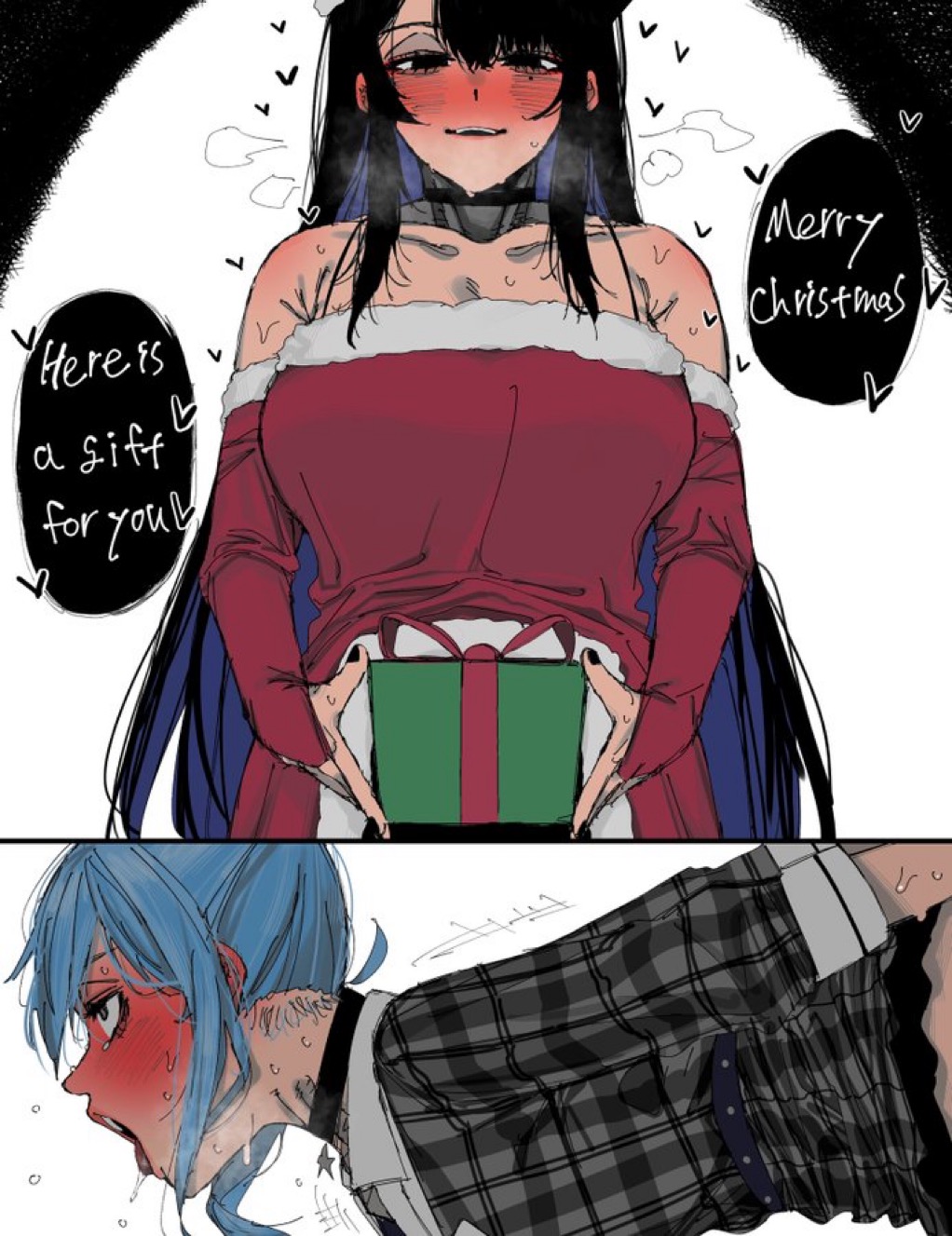 1girls big_breasts black_hair blue_hair blush blush carrot_011 christmas christmas_clothing christmas_outfit clothed_sex dominant_female eye_roll female female_only fully_clothed futa_on_female futadom futanari hololive hololive_english hoshimachi_suisei implied_futanari lesbian_sex mole mole_under_eye nerissa_ravencroft pleasure_face sex small_breasts text_box text_bubble vtuber yuri yuri