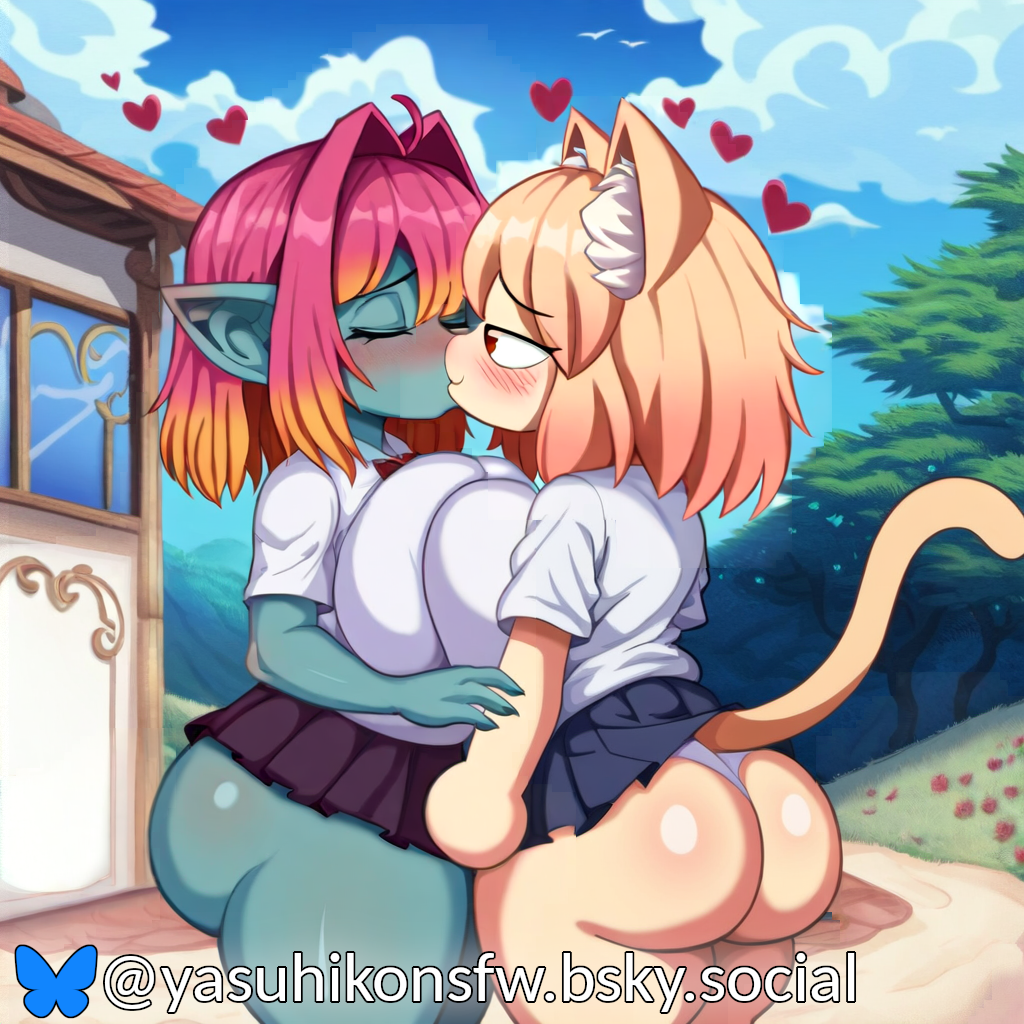 adelia_(changbae) ai_generated big_breasts big_butt blush breast_squish catgirl closed_eyes eyes_half_open goblin goblin_female hearts_around_head huge_ass hugging kissing lesbian_kiss melty_blood neco-arc school_uniform shortstack skirt tsukihime yasuhikonsfw yuri