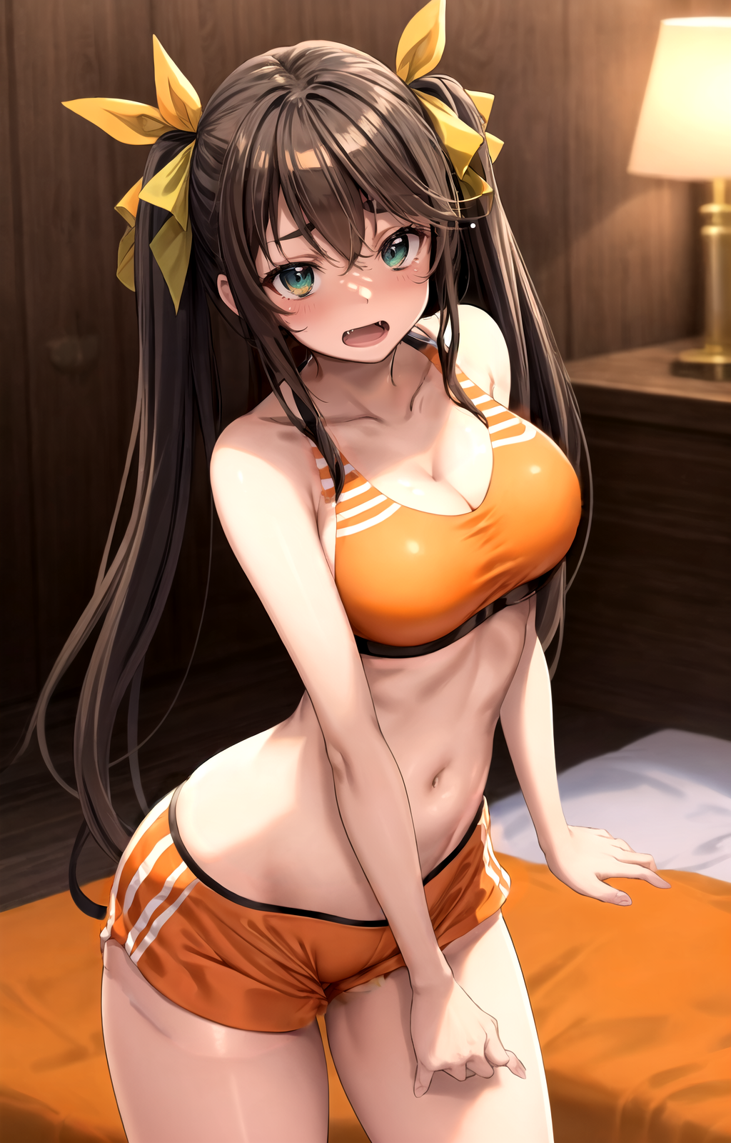 ai_generated bare_arms bare_shoulders bikini_shorts blush breasts brown_hair cleavage collarbone cowboy_shot crop_top fangs female green_eyes hair_between_eyes hair_ribbon huang_lingyin indoors infinite_stratos lamp large_breasts long_hair looking_at_viewer midriff navel open_mouth orange_shorts pixiv rena_aikawa_(pixiv_user) ribbon short_shorts shorts sidelocks solo sports_bra stable_diffusion standing stomach tagme taut_clothes thighs twintails yellow_ribbon