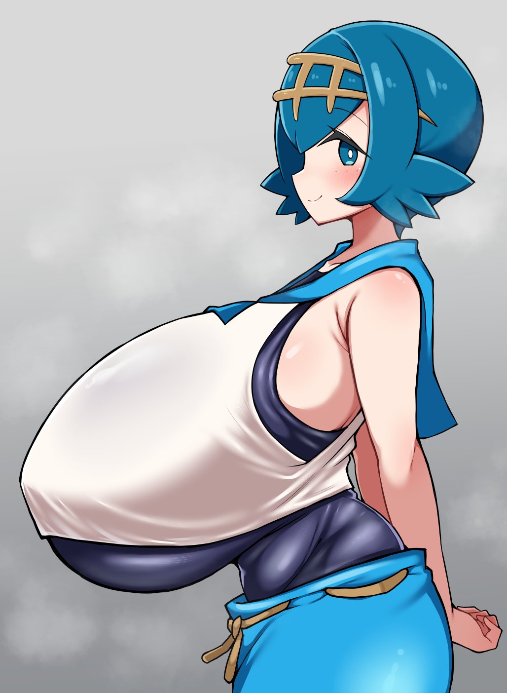 1girls alternate_breast_size blue_eyes blue_hair breasts cleavage detritus duvet208 female gigantic_breasts lana_(pokemon) light-skinned_female light_skin looking_at_viewer mob_face nintendo pokemon pokemon_sm short_hair smile smug