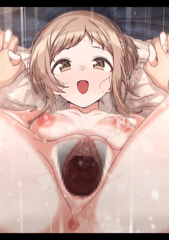 1boy :d anus blush breasts brown_eyes brown_hair censored cervix commentary_request completely_nude cum cum_on_body cum_on_breasts erere female idolmaster idolmaster_shiny_colors interlocked_fingers looking_at_viewer mosaic_censoring nipples nude open_mouth pov pussy sakuragi_mano sex smile spread_legs spread_pussy straight sweat vaginal_penetration variant_set