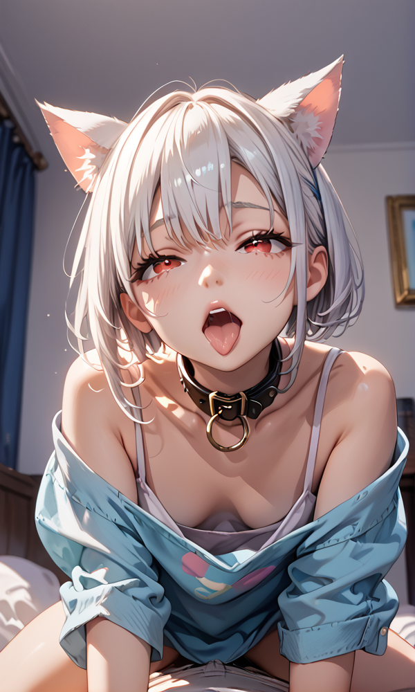 ai_generated blush cat_ears catgirl collar cowgirl_position down_blouse downblouse ember_paradox female female leather_collar looking_at_viewer male_pov open_mouth oversized_shirt red_eyes self_upload small_breasts solo solo_female tongue_out virtual_youtuber vtuber vtuberfanart white_hair