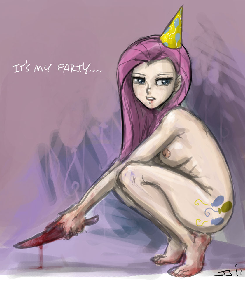 1girls beige_skin blood blood_stain bloody_knife breasts color completely_nude_female cutie_mark english_text exposed_breasts female female_only friendship_is_magic hair hat human humanized john_joseco knife long_hair looking_back my_little_pony party_hat pink_hair pink_nipples pinkamena_(mlp) pinkie_pie_(mlp) psycho psychopath side_view skin smooth_skin solo squatting text