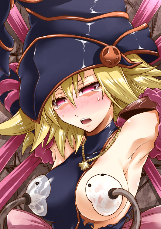 armpits arms_up blonde_hair breast_slip breasts bust cross female gagaga_girl hat jewelry lactation milking_machine necklace nipples nude one_breast_out pink_eyes segami_daisuke solo sweatdrop tear torn_clothes wizard_hat yu-gi-oh! yu-gi-oh!_zexal yuu-gi-ou_zexal