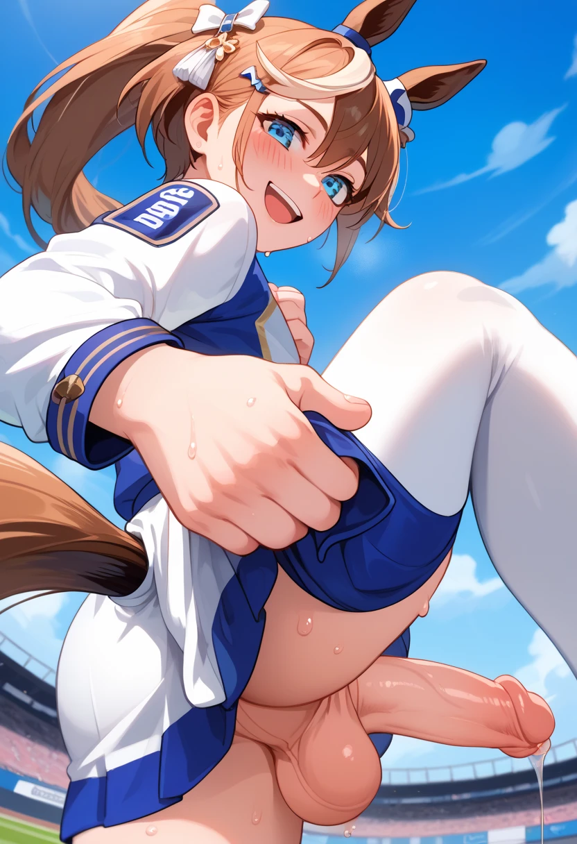 1boy 1femboy ai_generated anus ass balls blush cock femboy feminine_male football_uniform gay horny horny_male male male_focus male_only penis precum public sissy smile sweat sweating testicles tokai_teio_(umamusume) trap umamusume yaoi