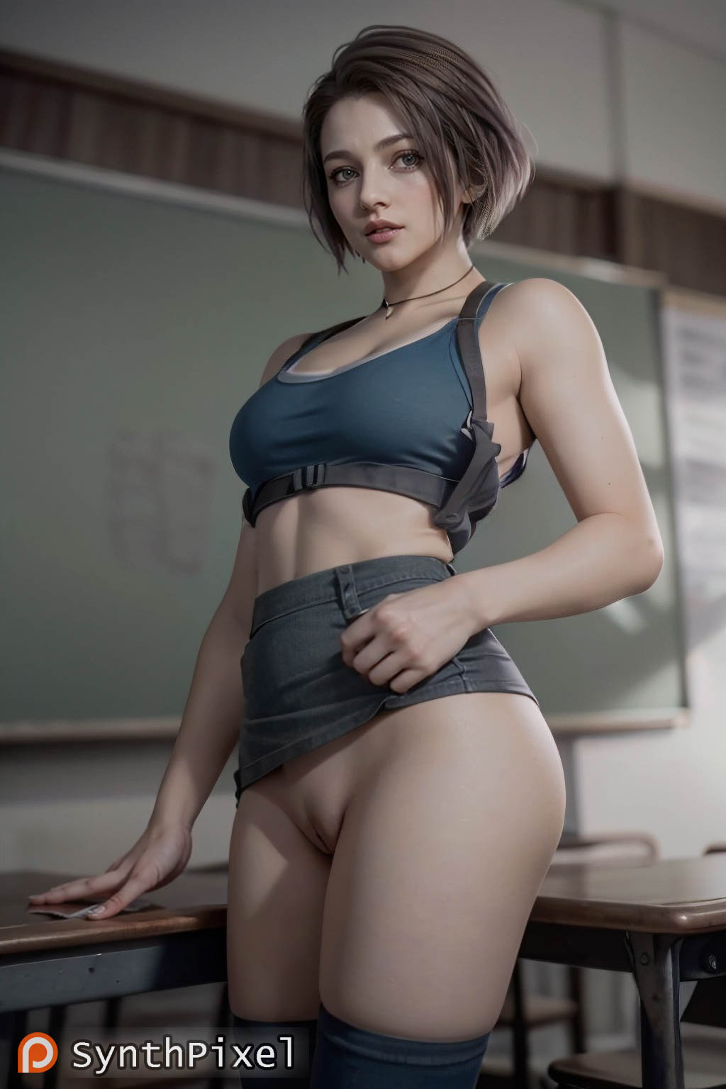 1girls ai_generated black_thighhighs blurry_background breasts brown_eyes brown_hair clothes_lift detailed hi_res highres indoors jill_valentine lifted_by_self looking_at_viewer medium_breasts no_panties pussy resident_evil resident_evil:_death_island short_hair skirt skirt_lift solo synthpixel thighhighs