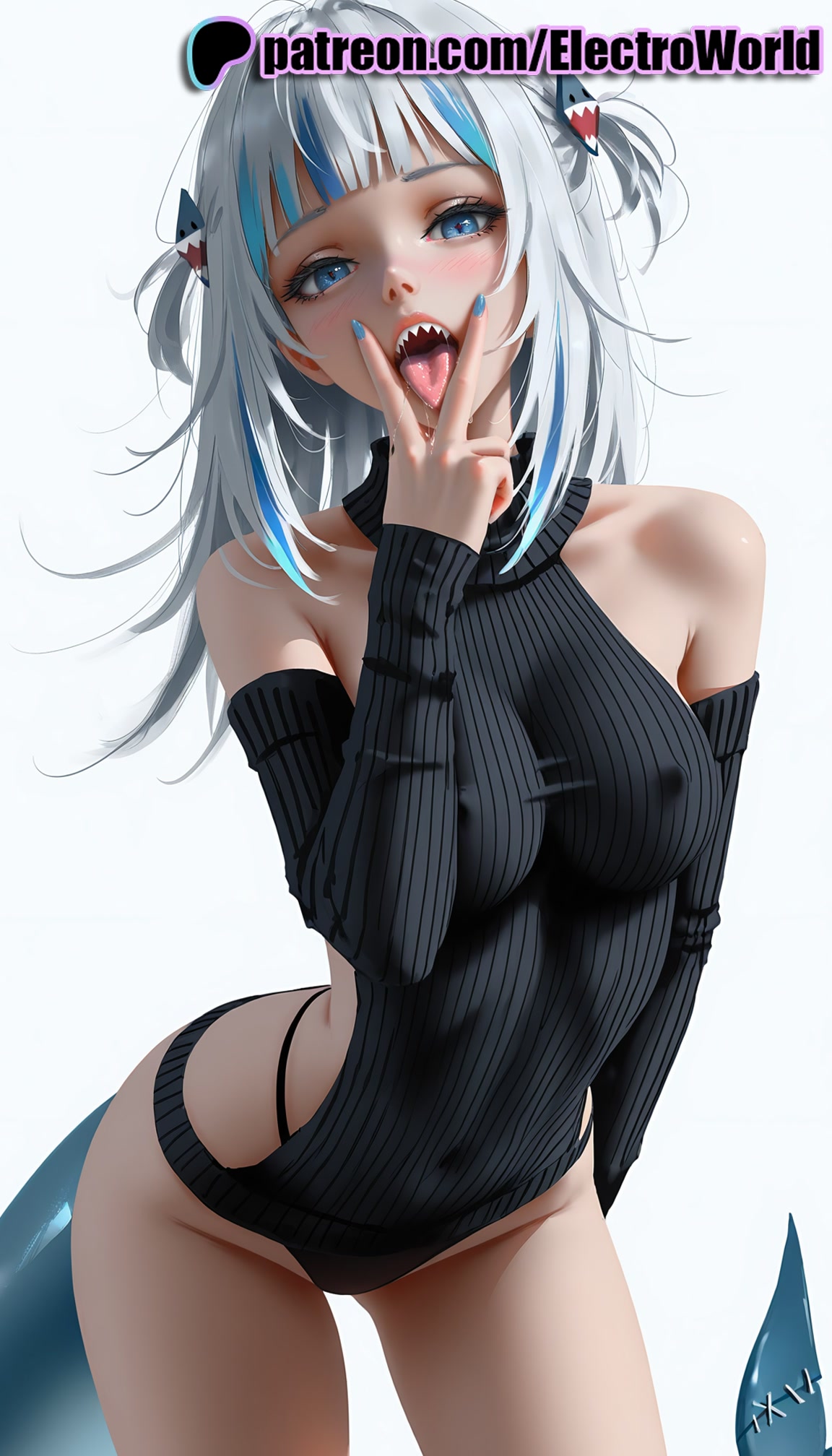 1girls, 2025, ai generated, artist name, bangs, bare shoulders, blue eyes, blue hair, blue nails, blunt bangs, breasts, bust, chest, cunnilingus gesture, electroworld, female, fish tail, gawr gura, hi res, high quality, high resolution, highres, hololive, hololive english, hololive myth, looking at viewer, multicolored hair, nail polish, open mouth, patreon, patreon username, shark tail, sharp teeth, solo, stable diffusion, teeth, tongue, tongue out, virtual youtuber, vtuber, watermark