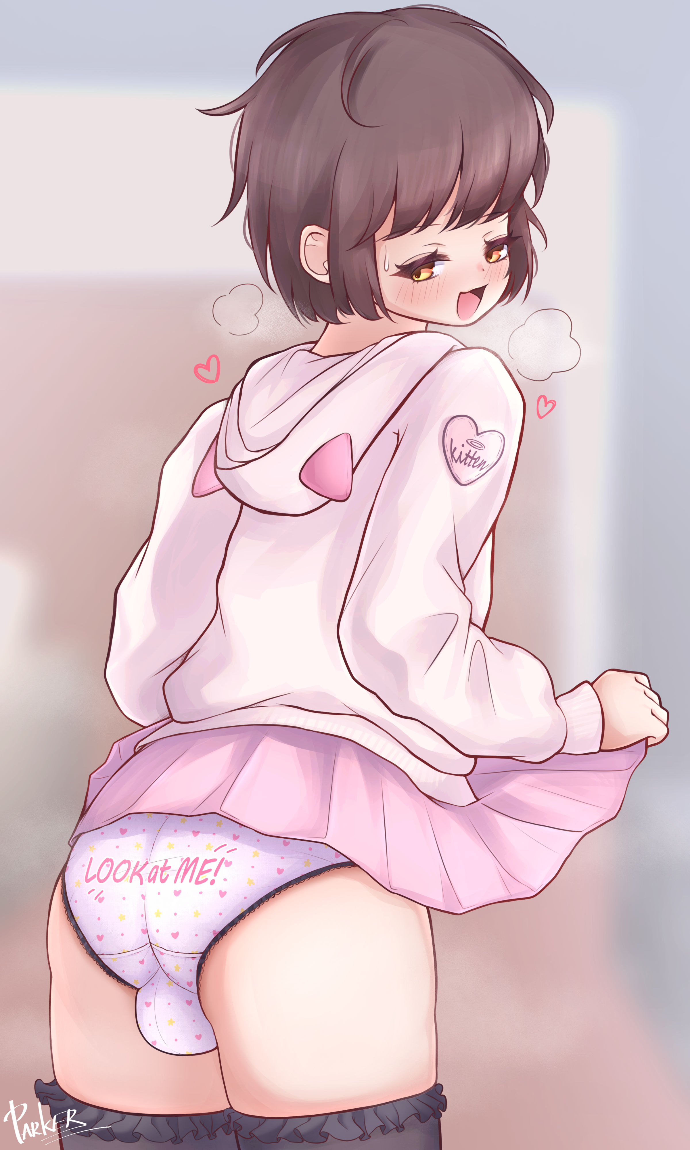 1boy, balls, bedroom eyes, big balls, big bulge, bulge, cat ears hoodie, crossdressing, cute panties, femboy, heart panties, heavy breathing, hoodie, lifting skirt, looking at viewer, looking back at viewer, male, otoko no ko, panties, parker, parker (noparking2310), penis, pink hoodie, pink skirt, showing ass, showing off, skirt, steamy breath, thighhighs, trap, underwear