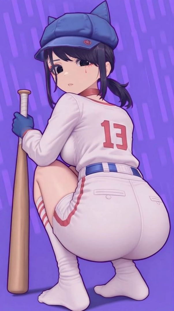 baseball_bat baseball_uniform black_hair blue_hat butt butt_focus cappie_(miside) cool_mita_(miside) feet feet_focus female female_only hat miside mita_(miside) purple_background tagme white_legwear