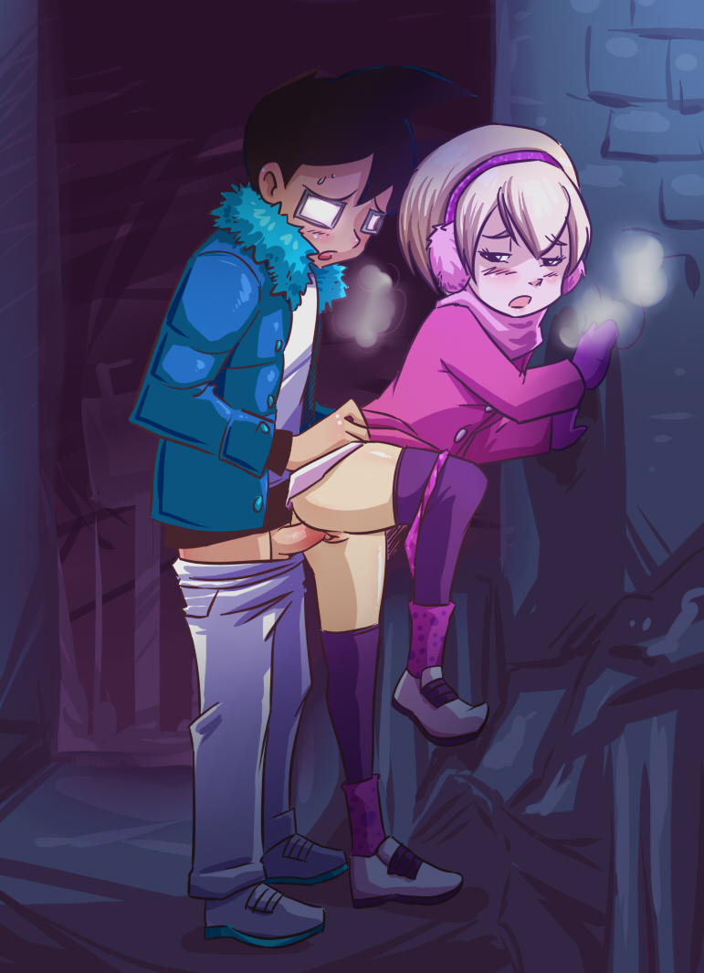 1boy 1girls against_wall black_hair blonde_hair blush clothed_sex cold dante_rain earmuffs from_behind glasses homestuck john_egbert leg_lift mittens ms_paint_adventures outdoors panties_around_leg public purple_eyes rose_lalonde short_hair straight thighhighs vaginal_penetration wall