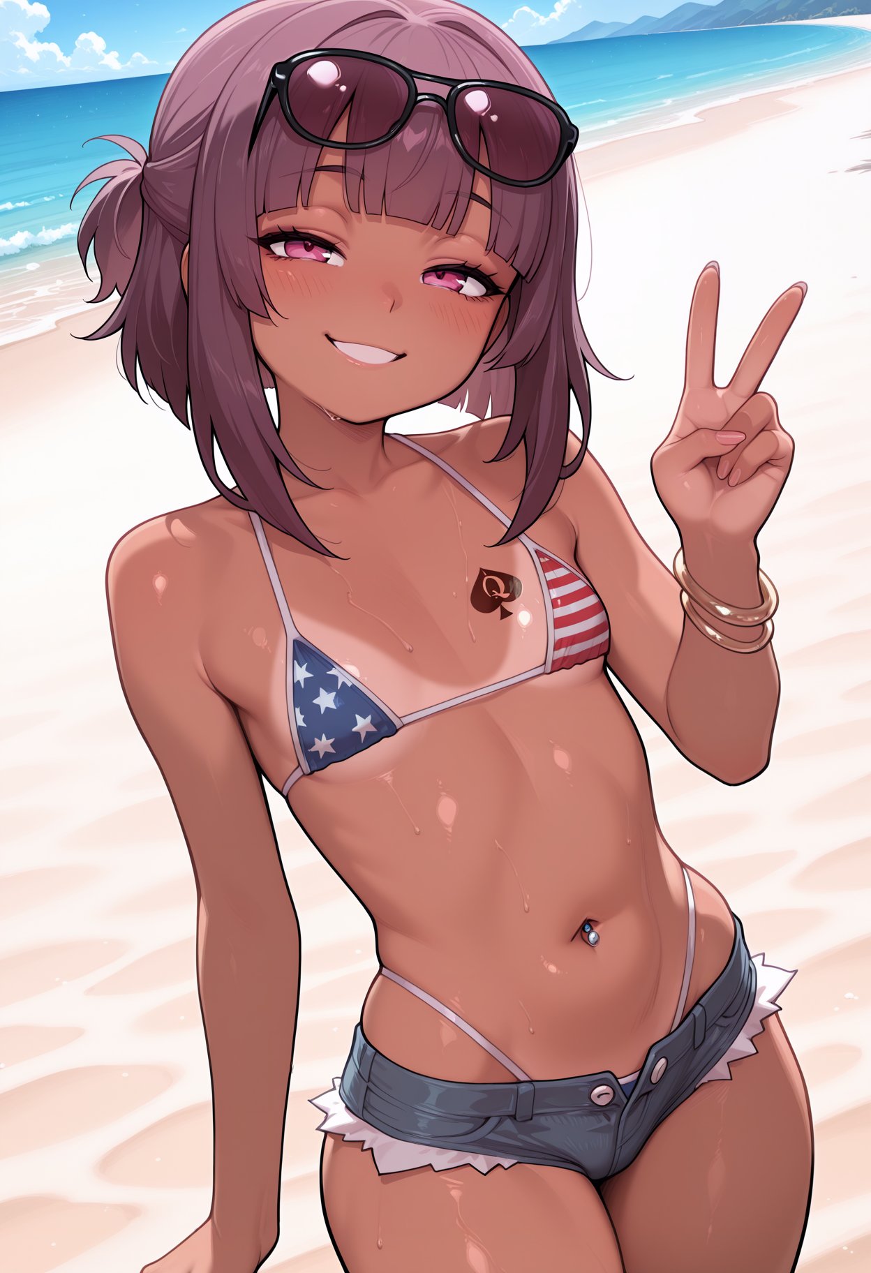 1girls, ai generated, american flag bikini, beach, belly, belly button, belly piercing, bikini, blush, fallen shadow, indie virtual youtuber, light-skinned female, peace sign, piercing, queen of spades, queen of spades symbol, shondo (fallen shadow), sunglasses, sunglasses on head, sweat, sweatdrop, sweating, sweaty, sweaty body, tan lines, tanned, tanned skin, virtual youtuber, vtuber